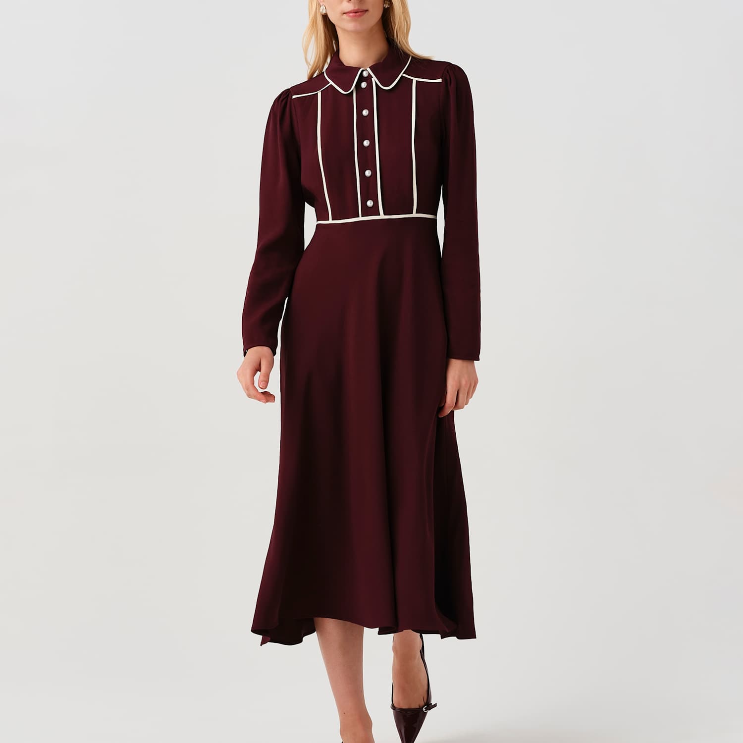 Ghost Women's Satin Midi Waisted Dress - 8 - Burgundy - Available at M&S