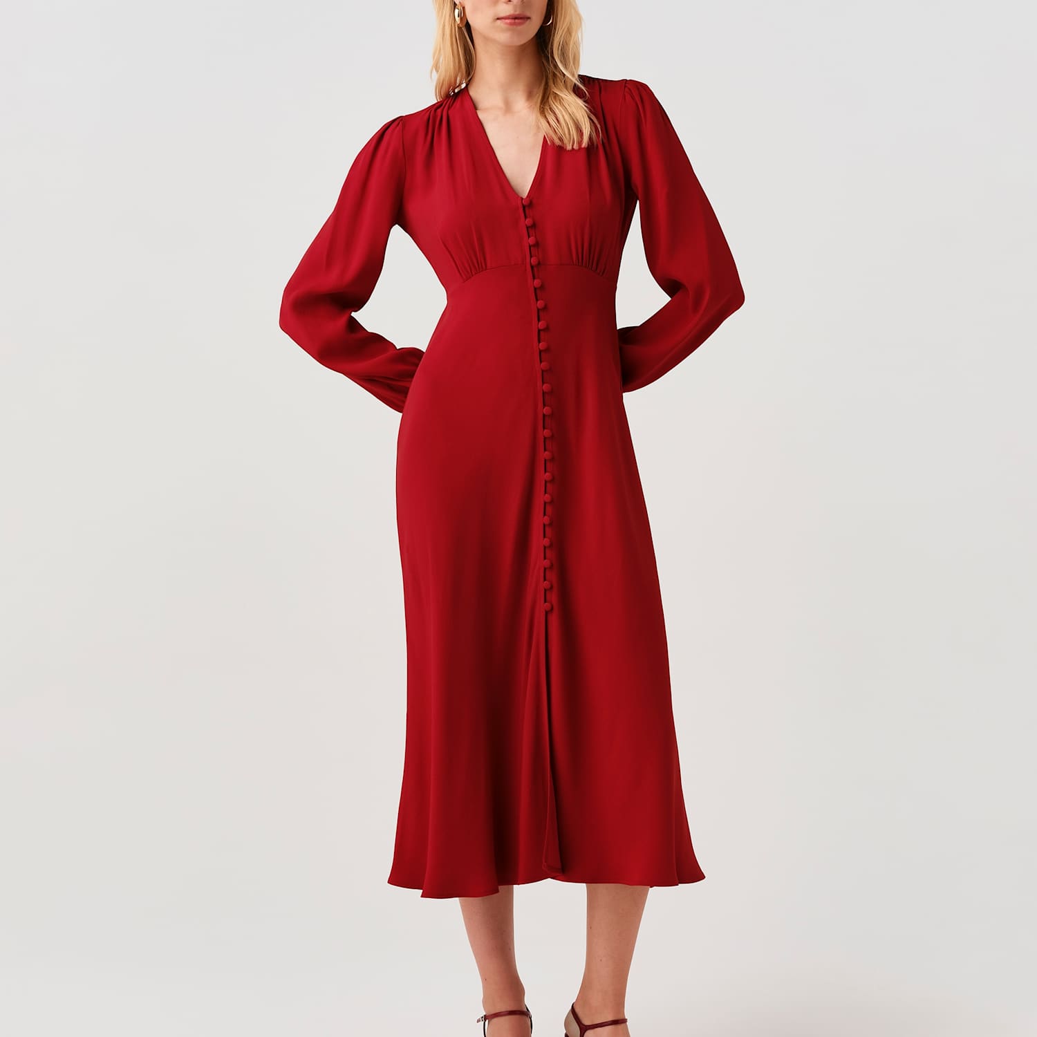 Ghost Women's Crepe V-Neck Midi Waisted Dress - 16 - Red - Available at M&S