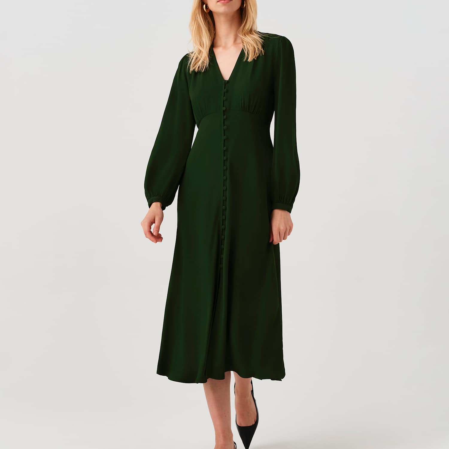 Ghost Women's Crepe V-Neck Midi Waisted Dress - 14 - Dark Green - Available at M&S