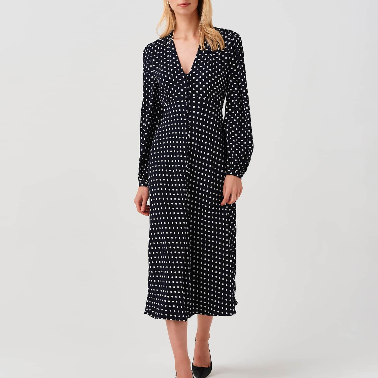 Ghost Women's Crepe Polka Dot V-Neck Midi Waisted Dress - 10 - Navy Mix - Available at M&S