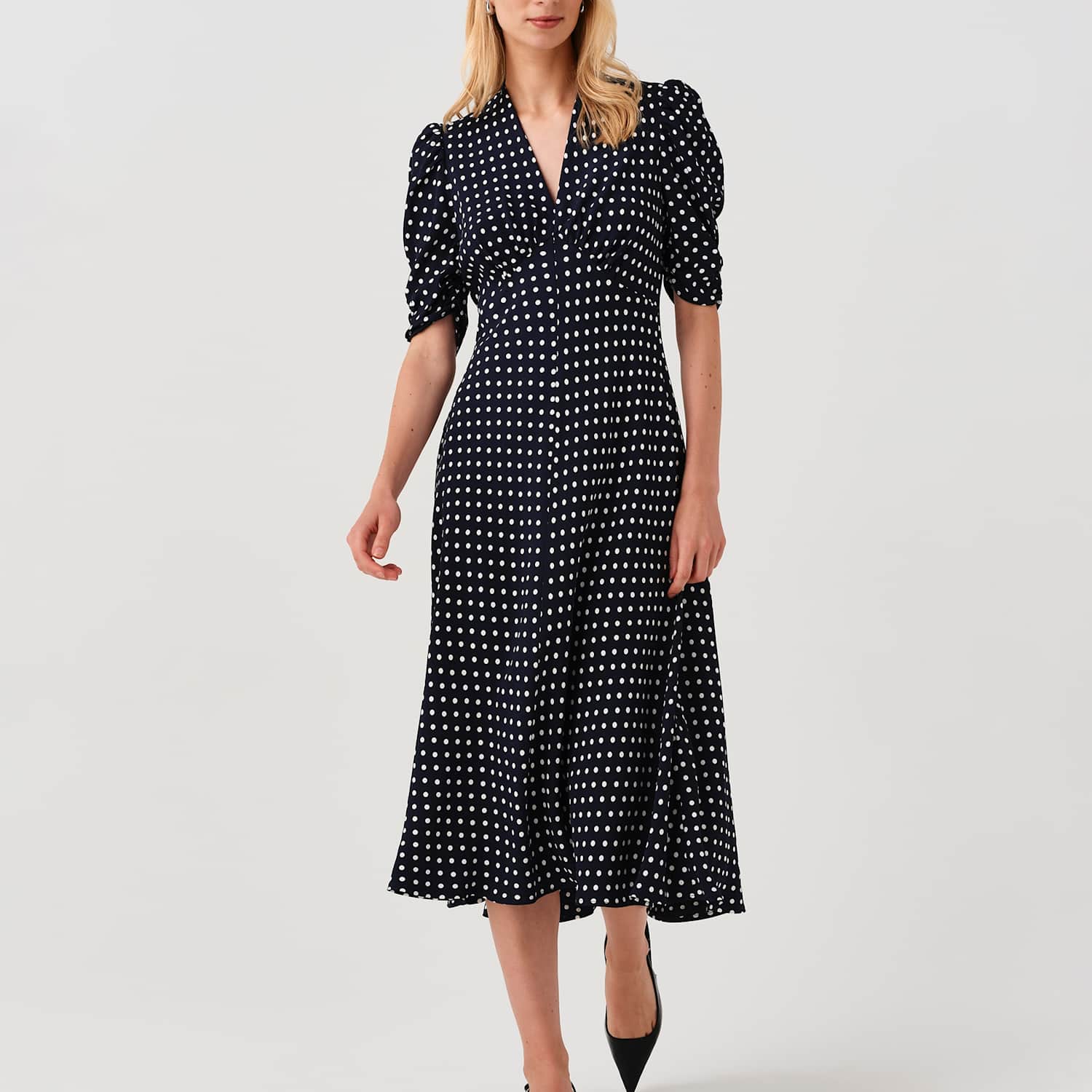 Ghost Women's Polka Dot V-Neck Midi Tea Dress - 12 - Navy Mix - Available at M&S