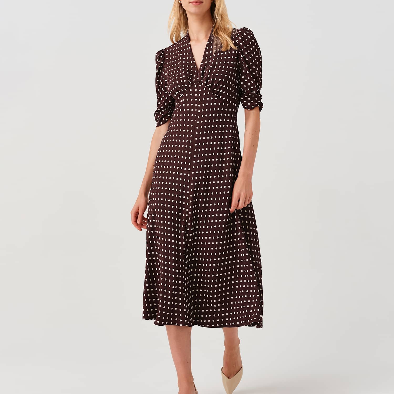 Ghost Women's Polka Dot V-Neck Midi Tea Dress - 8 - Brown Mix - Available at M&S