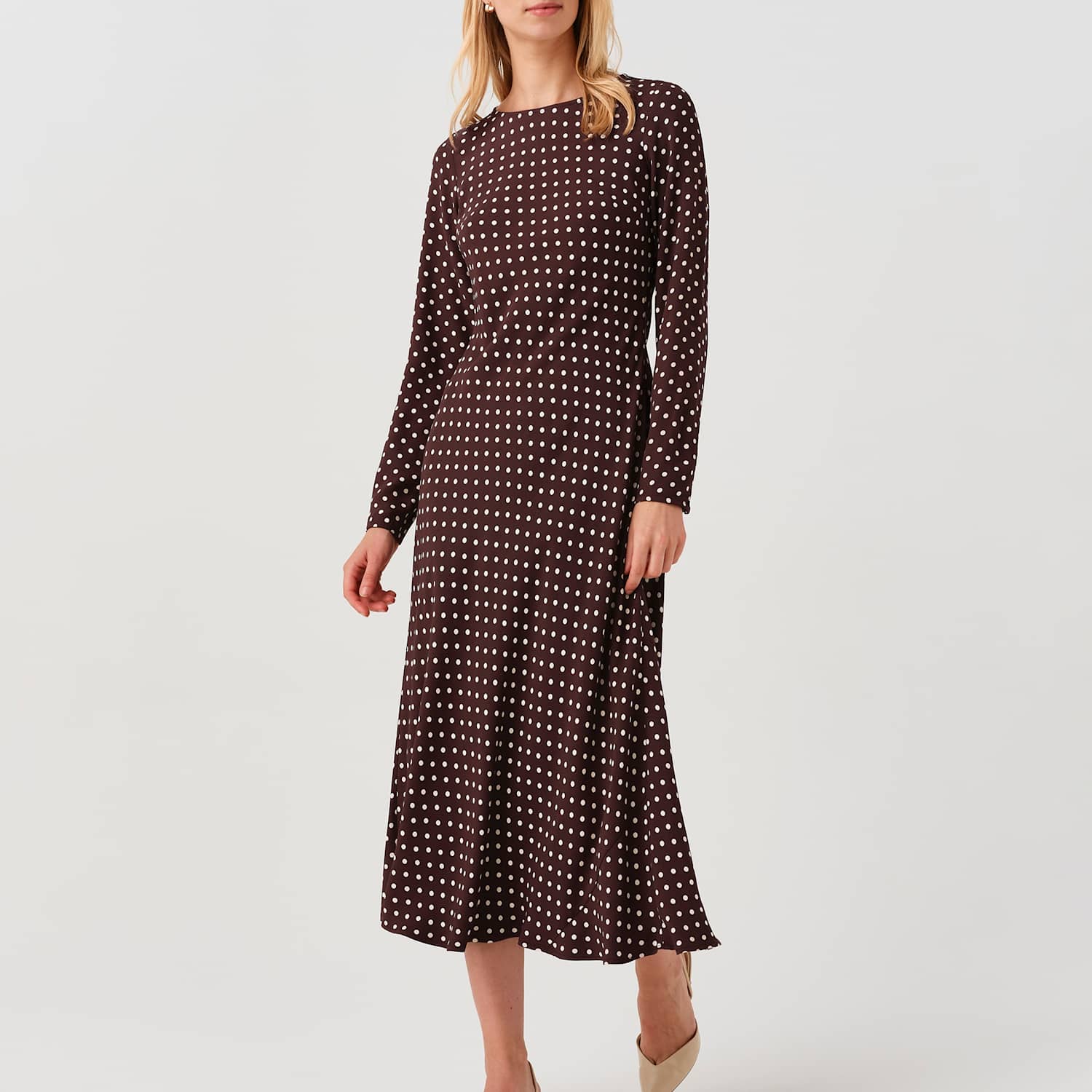 Ghost Women's Polka Dot Round Neck Midi Waisted Dress - 14 - Brown Mix - Available at M&S