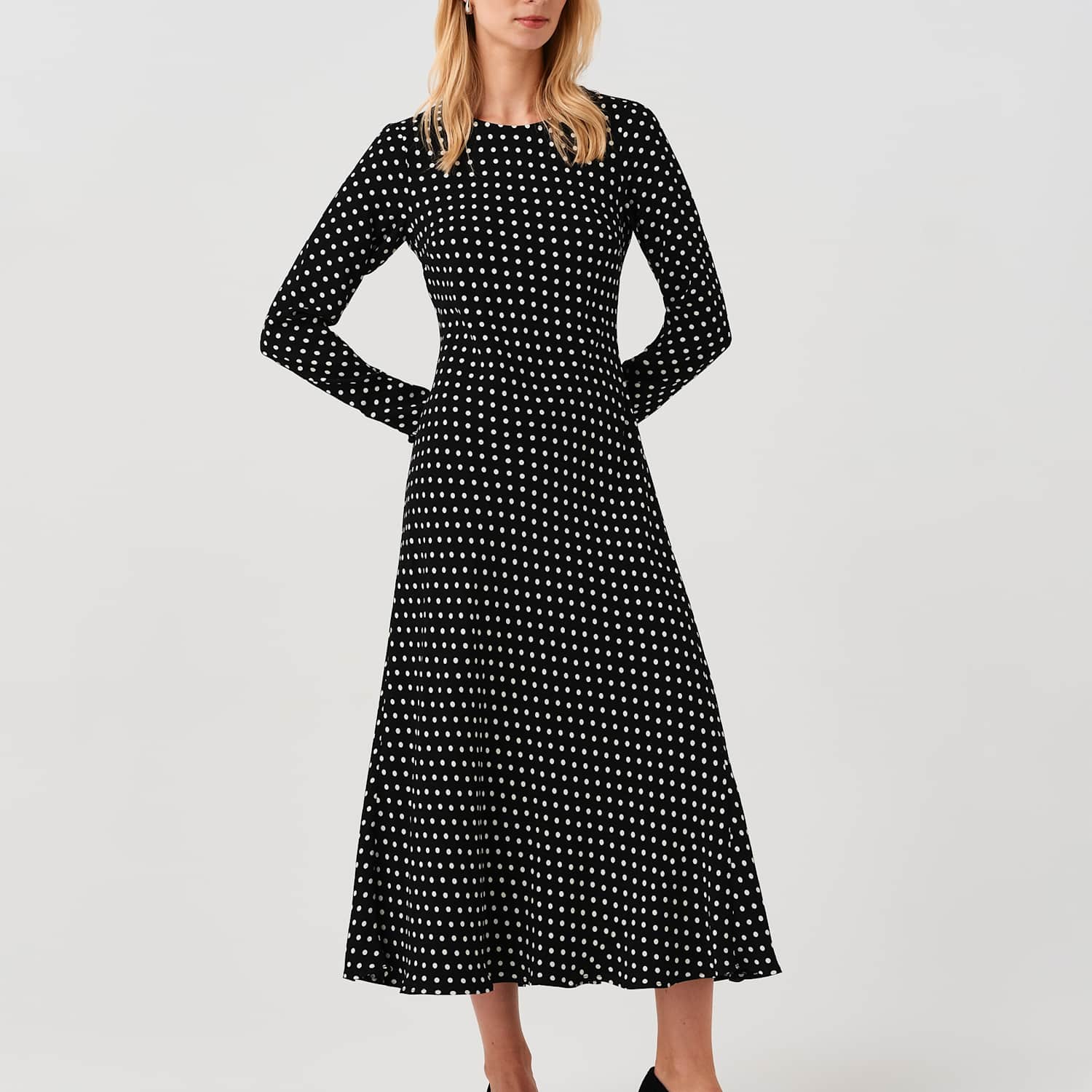 Ghost Women's Polka Dot Round Neck Midi Waisted Dress - 10 - Black Mix - Available at M&S
