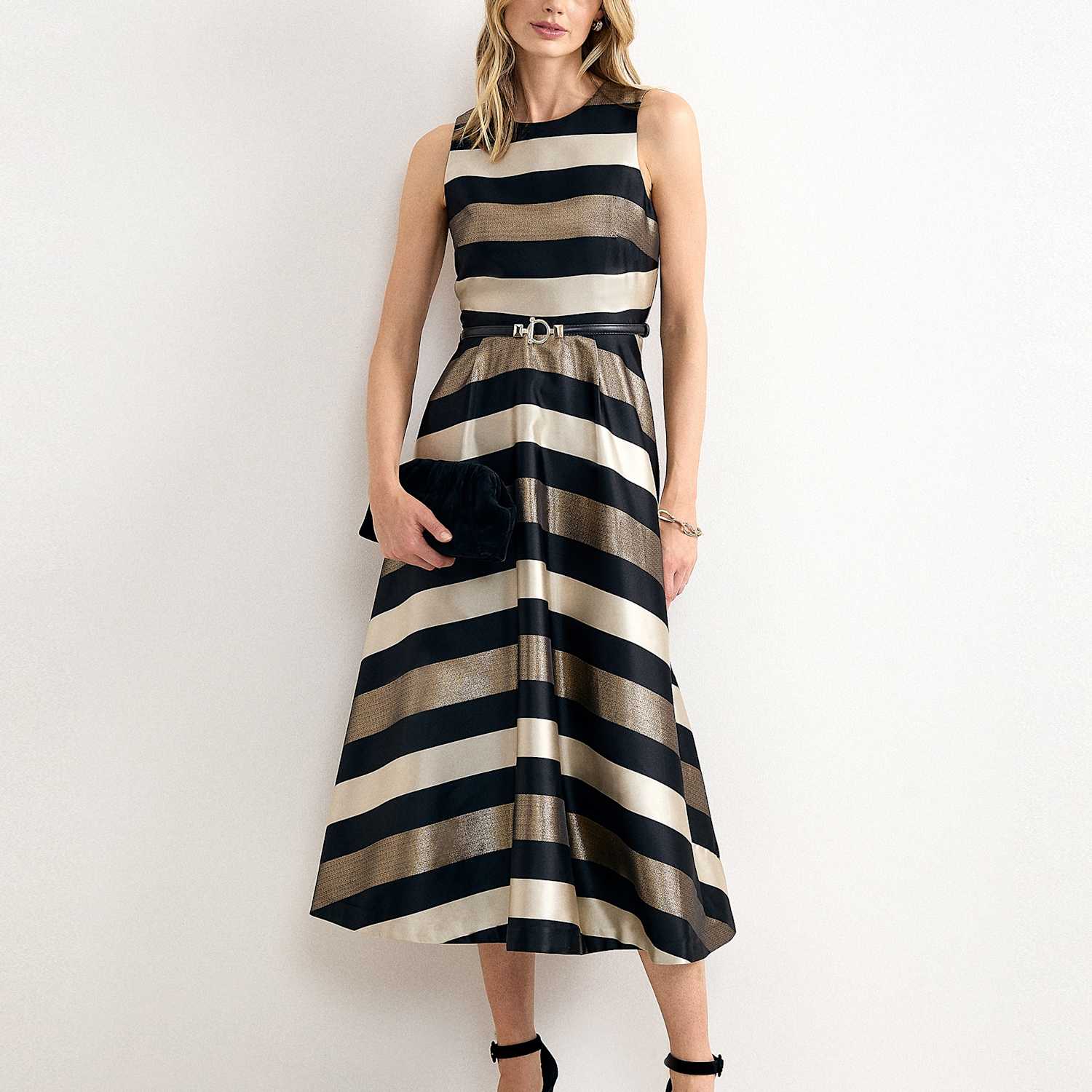 Phase Eight Women's Satin Striped Square Neck Midi Skater Dress - 12 - Black Mix - Available at M&S