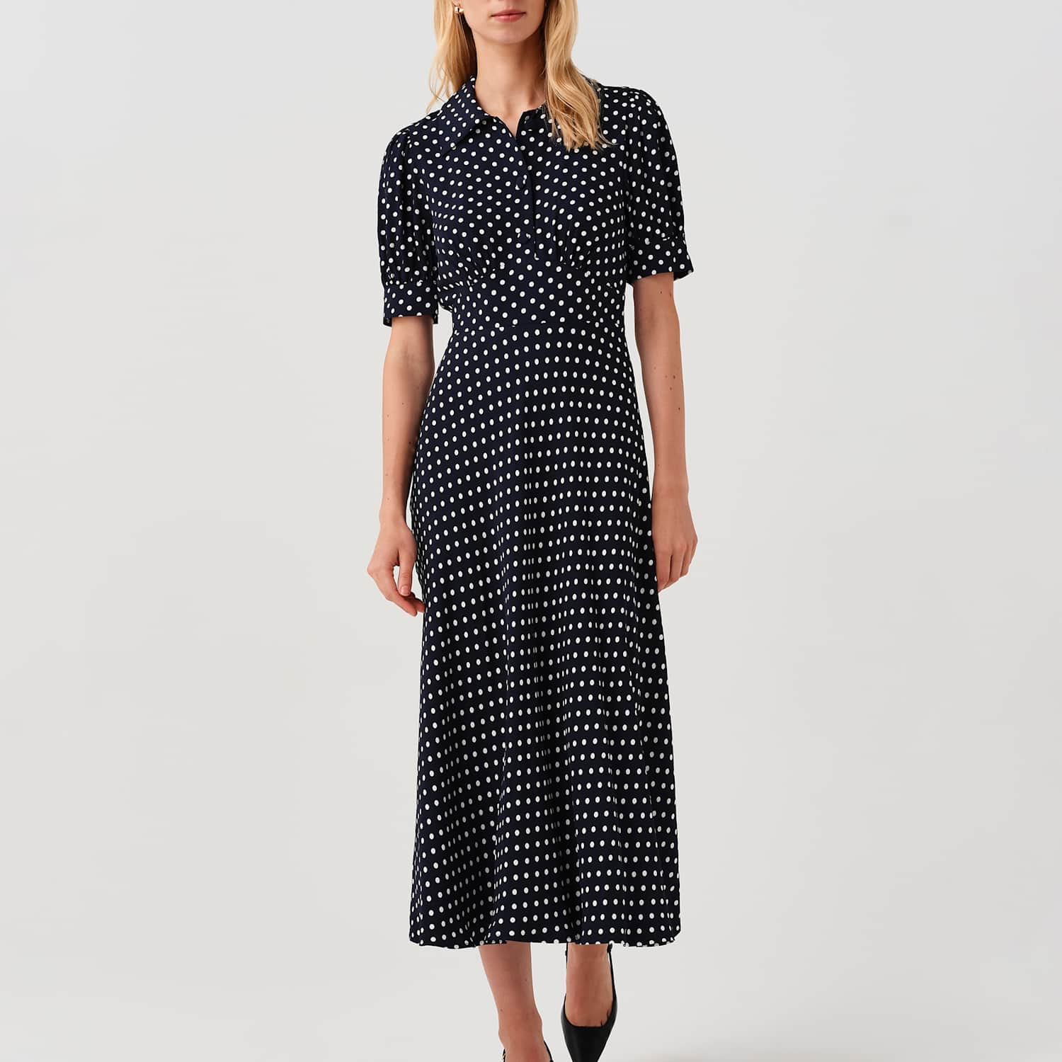 Ghost Women's Polka Dot Midi Waisted Dress - 14 - Navy Mix - Available at M&S