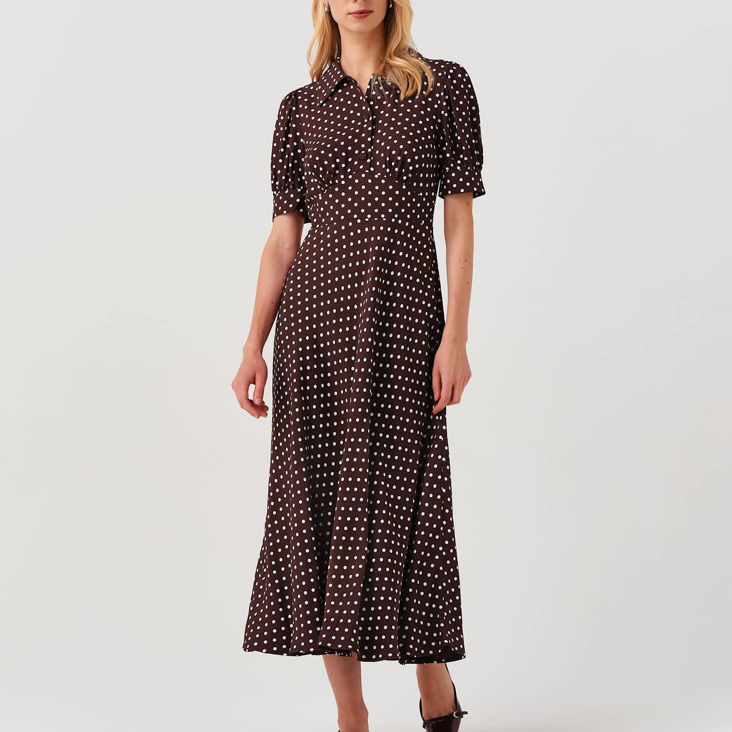 Ghost Women's Polka Dot Midi Waisted Dress - 14 - Burgundy Mix - Available at M&S