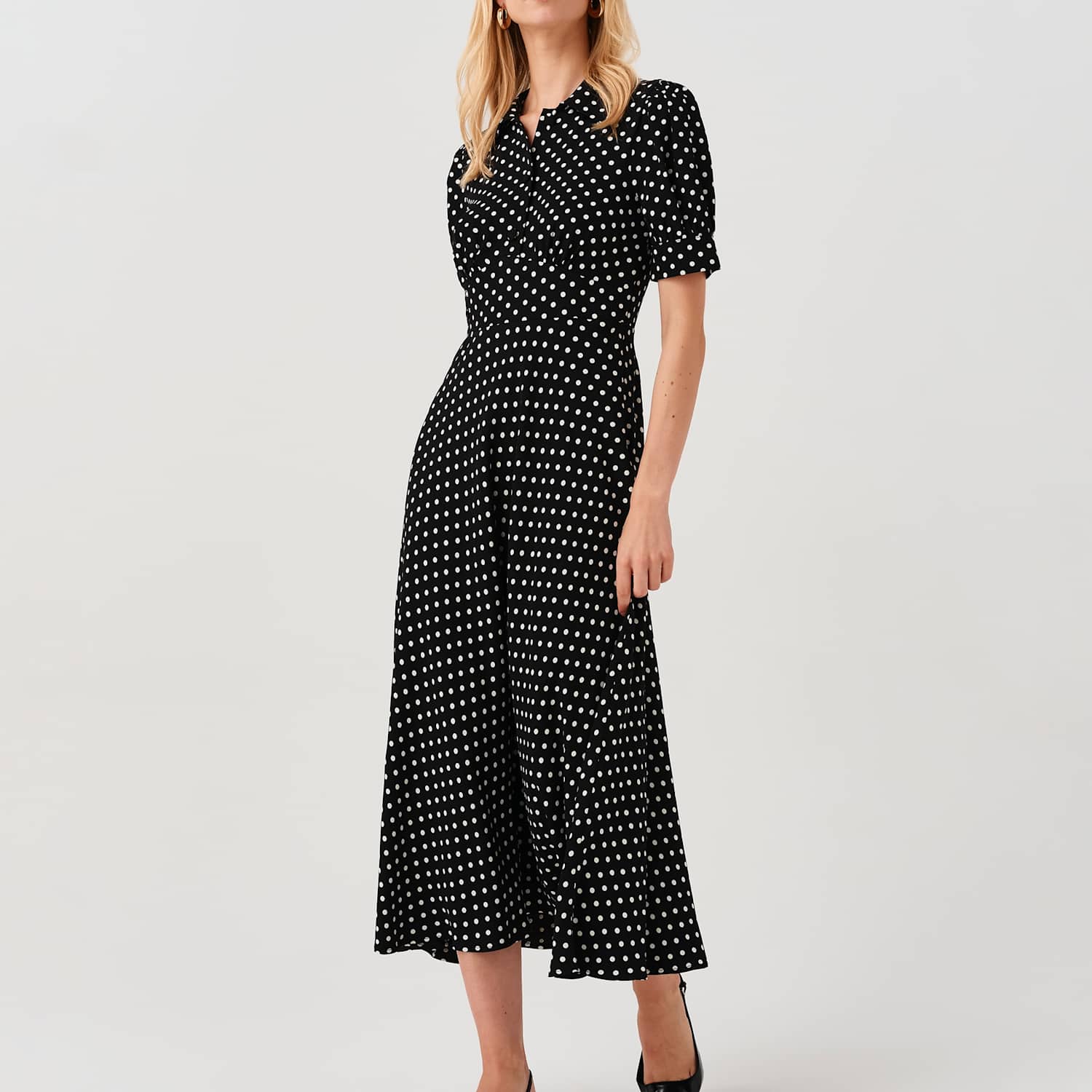 Ghost Women's Polka Dot Midi Waisted Dress - 12 - Black Mix - Available at M&S