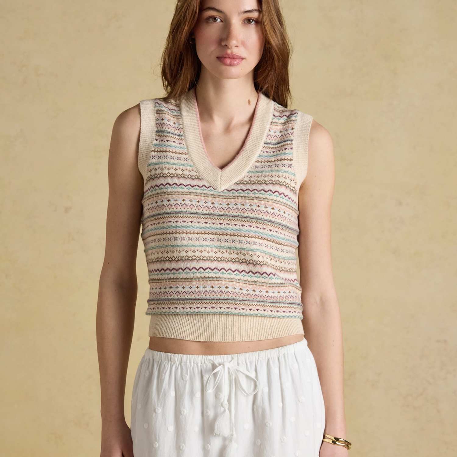Joules Women's Cotton Rich Fair Isle Knitted Vest with Wool - Extra Small - Natural Mix - Available at M&S