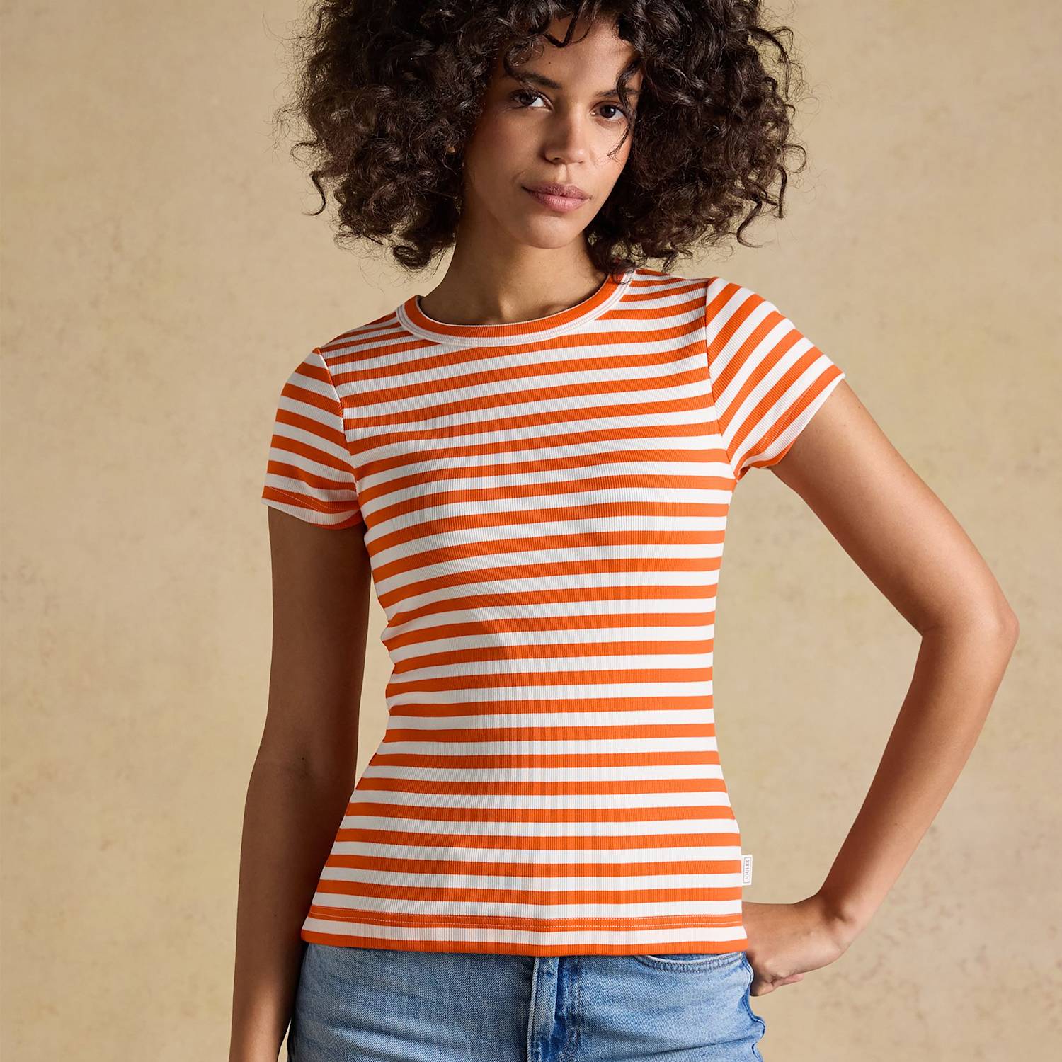 Joules Women's Cotton Rich Ribbed Striped Crew Neck T-Shirt - 6 - Orange Mix - Available at M&S