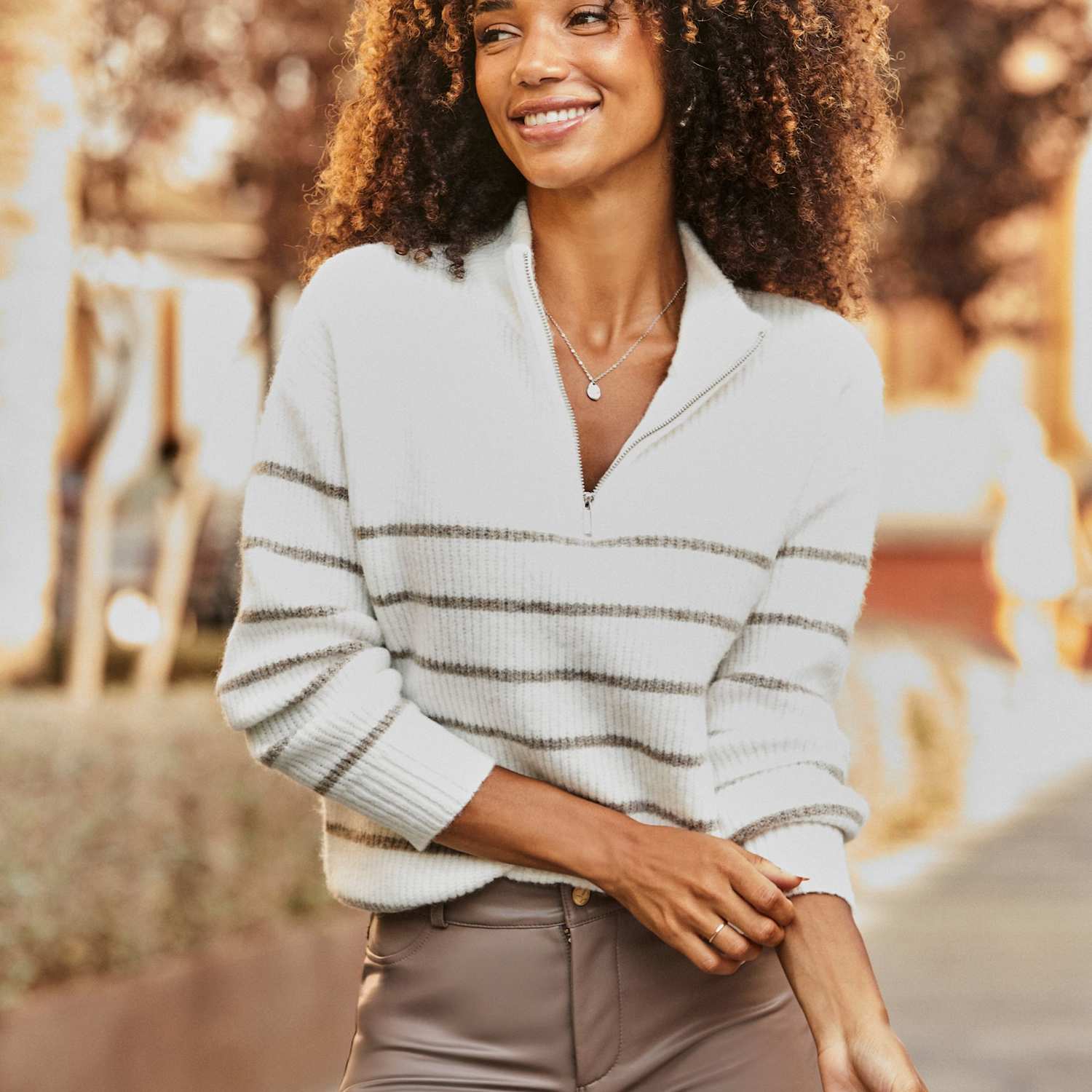 Sosandar Women's Striped Ribbed Half Zip Jumper with Wool - Large - Ivory Mix - Available at M&S