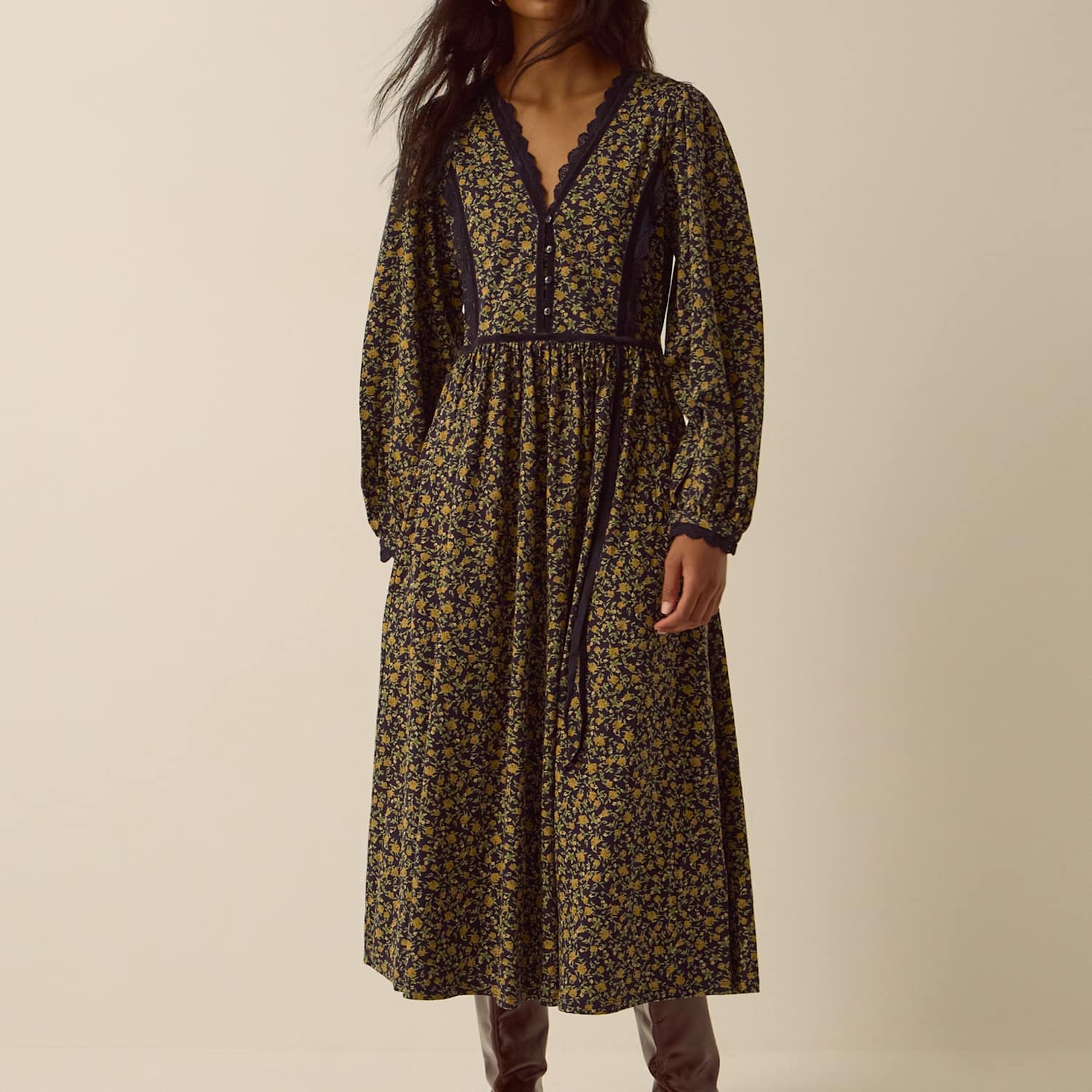 Monsoon Women's Pure Cotton Printed V Neck Midi Smock Dress - Medium - Navy Mix - Available at M&S