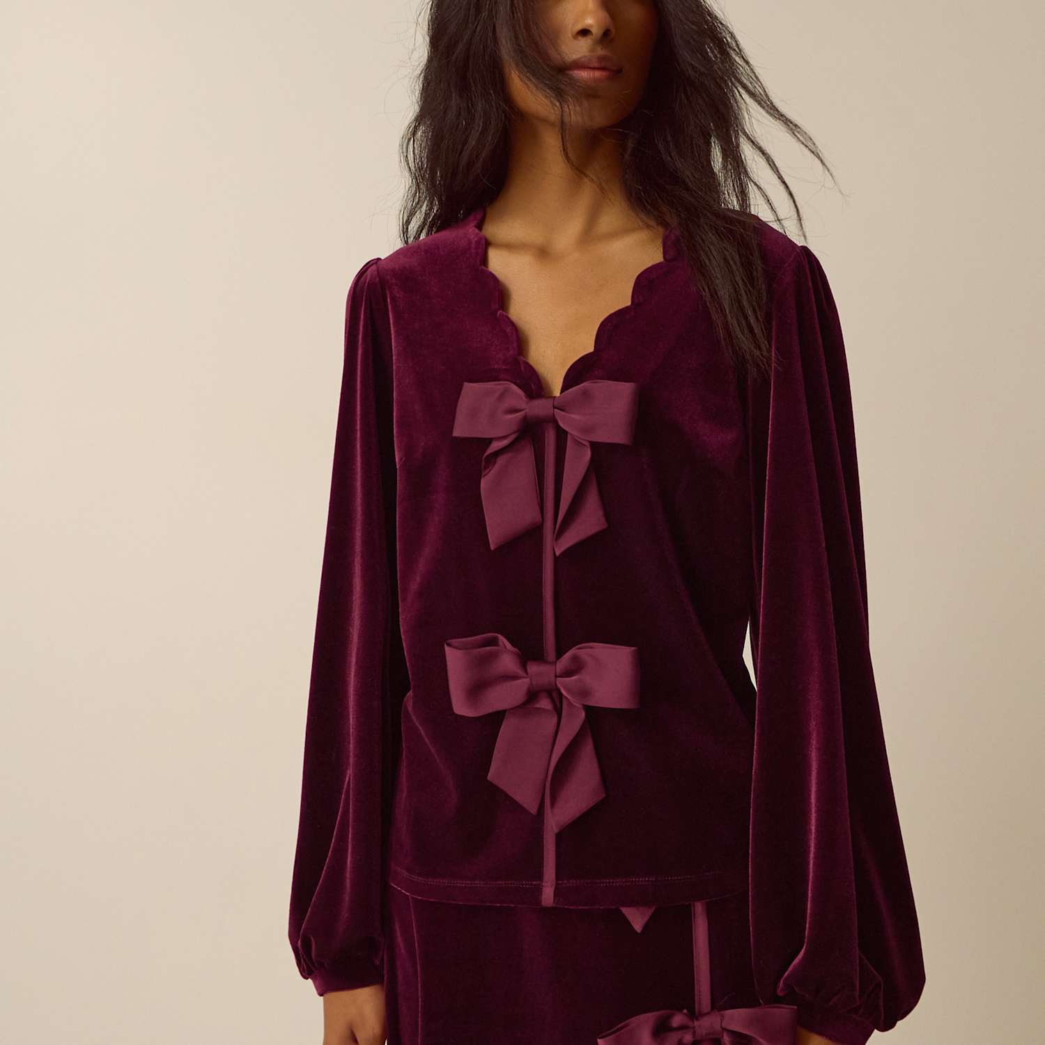 Monsoon Women's Velvet V Neck Bow Detail Top - Large - Burgundy - Available at M&S