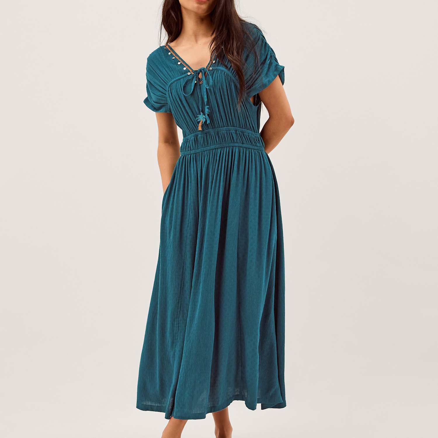Monsoon Women's Embellished V-Neck Midi Smock Dress - Large - Teal - Available at M&S