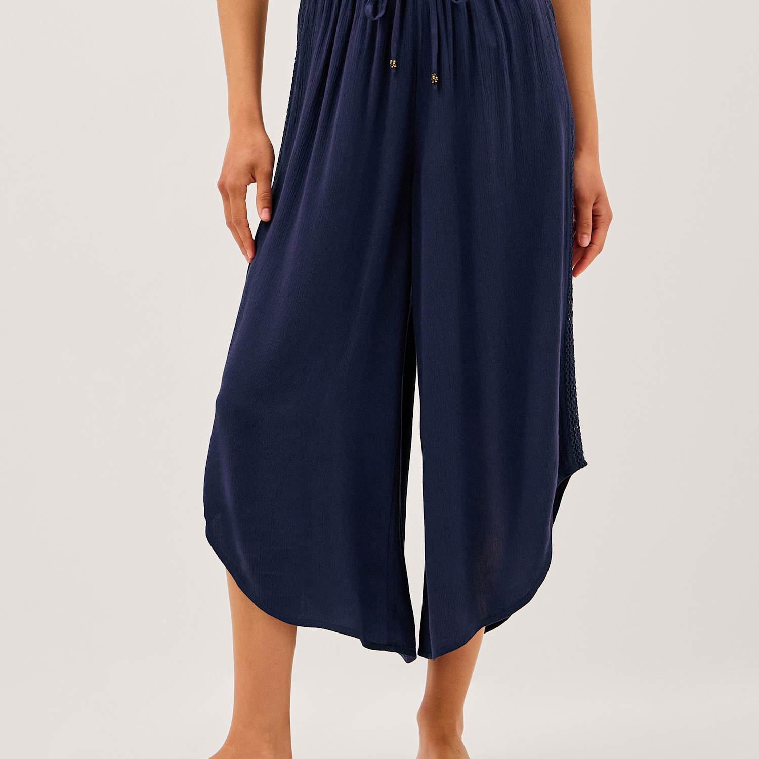 Monsoon Women's Drawstring Wide Leg Cropped Trousers - Medium - Navy - Available at M&S