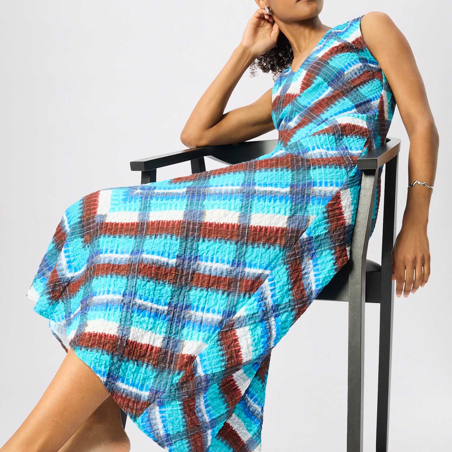 Whistles Women's Cotton Rich Chevron Check V-Neck Midi Dress - 10 - Blue Mix - Available at M&S