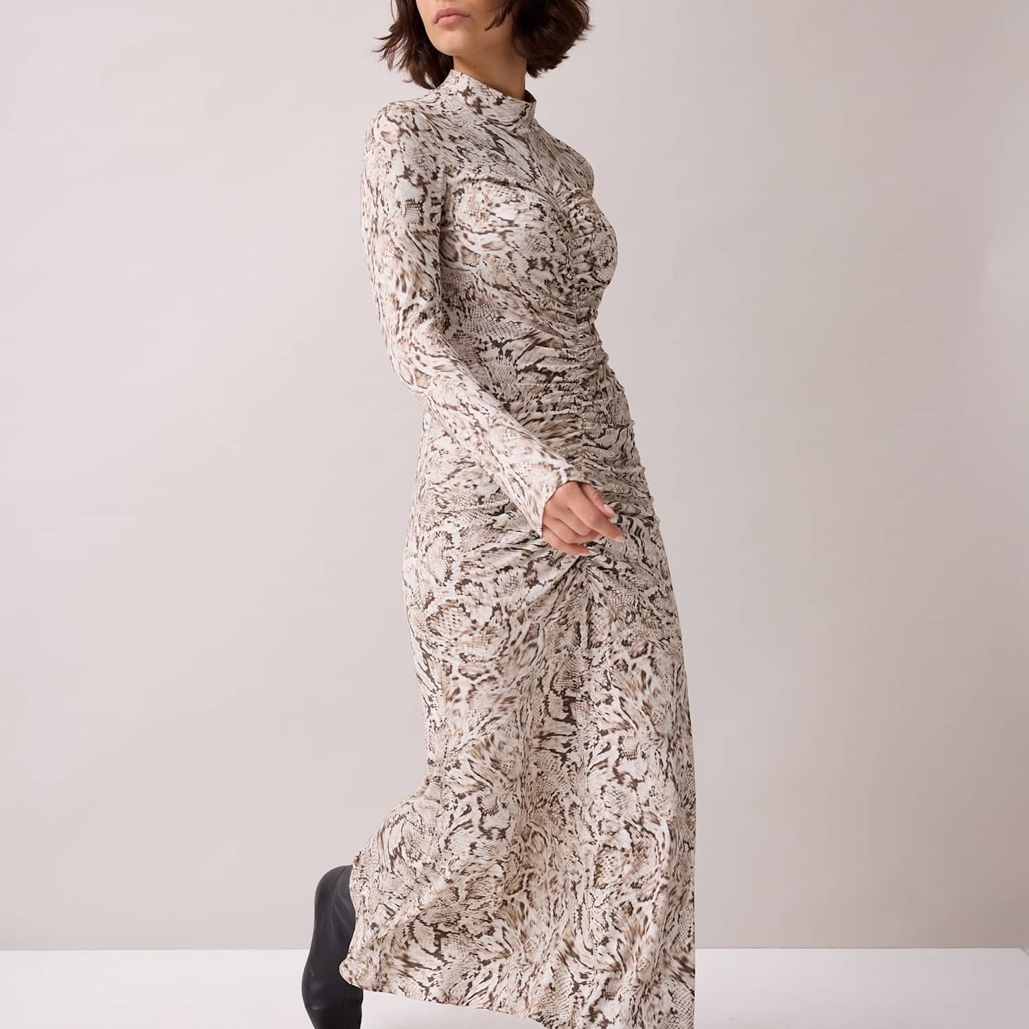 Ro&Zo Women's Animal Print Roll Neck Ruched Midi Column Dress - 12 - Natural Mix - Available at M&S