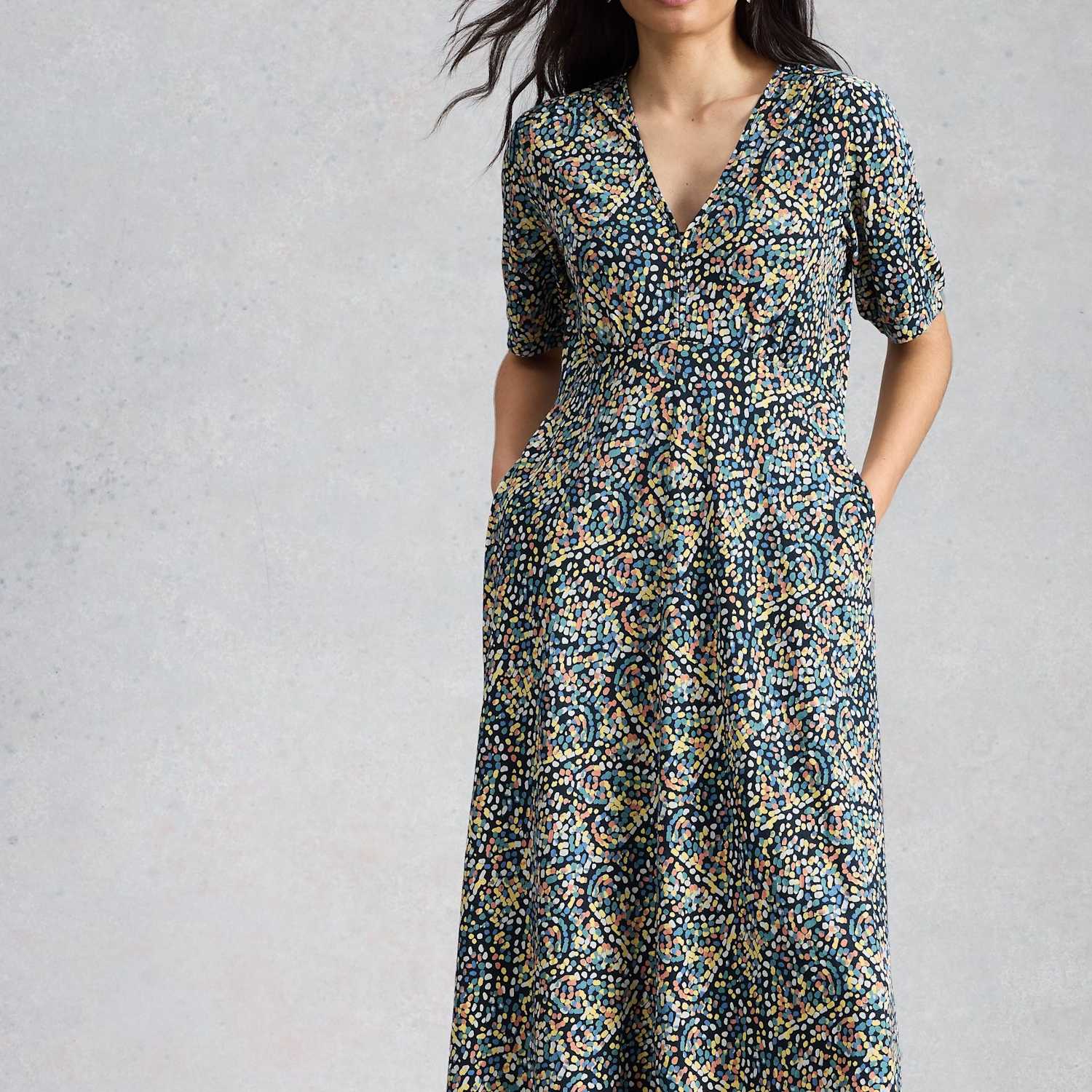White Stuff Women's Cotton Blend V-Neck Midi Tea Dress - 14 - Navy Mix - Available at M&S