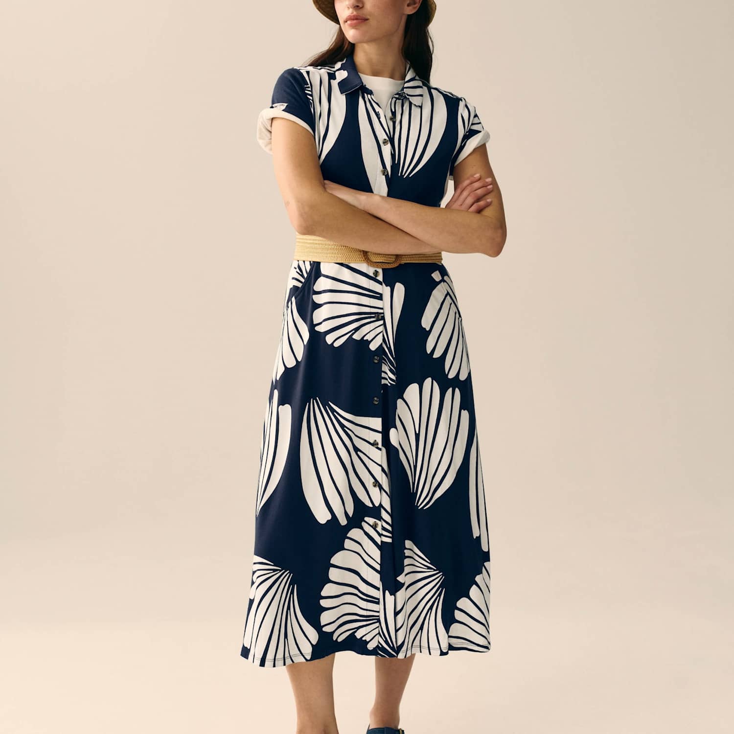 White Stuff Women's Rua Cotton Blend Printed Midi Shirt Dress - 6 - Navy Mix - Available at M&S