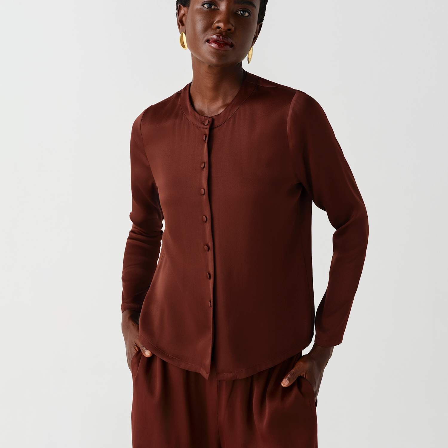 Ghost Women's Satin Round Neck Button Through Blouse - 10 - Brown - Available at M&S