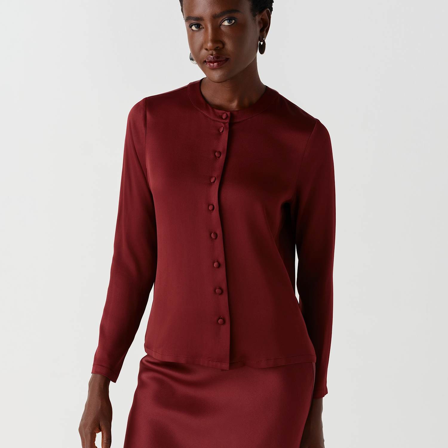Ghost Women's Satin Round Neck Button Through Blouse - 12 - Burgundy - Available at M&S