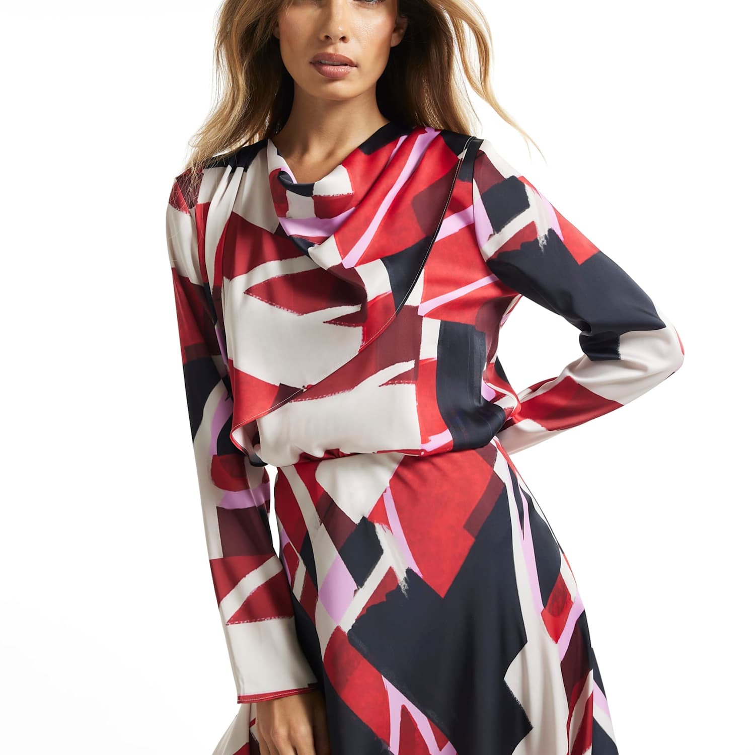 River Island Women's Colour Block Cowl Neck Slim Fit Draped Top - 12 - Red Mix - Available at M&S