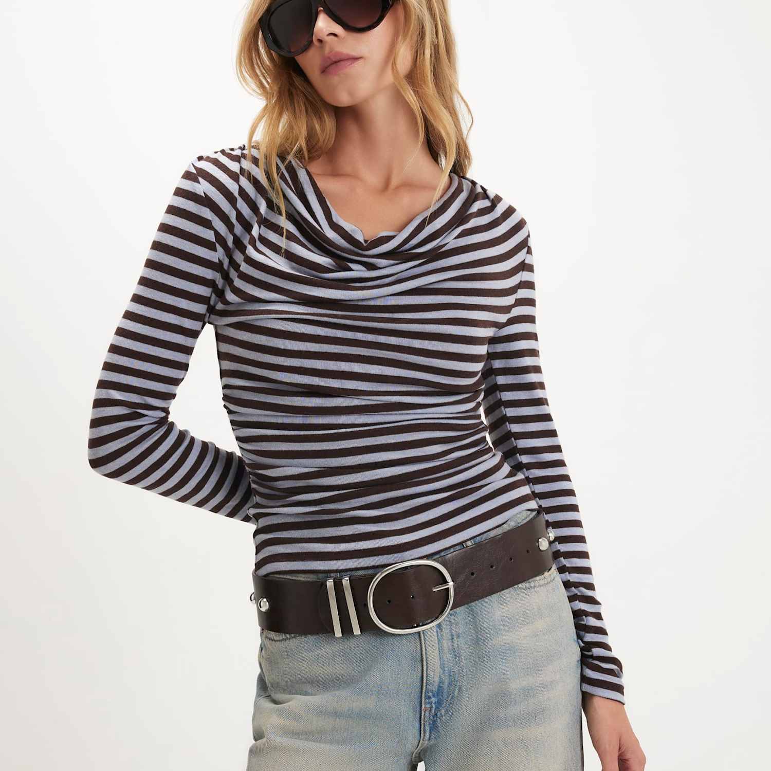 River Island Women's Cowl Neck Draped Striped Top - Extra Small - Blue Mix - Available at M&S