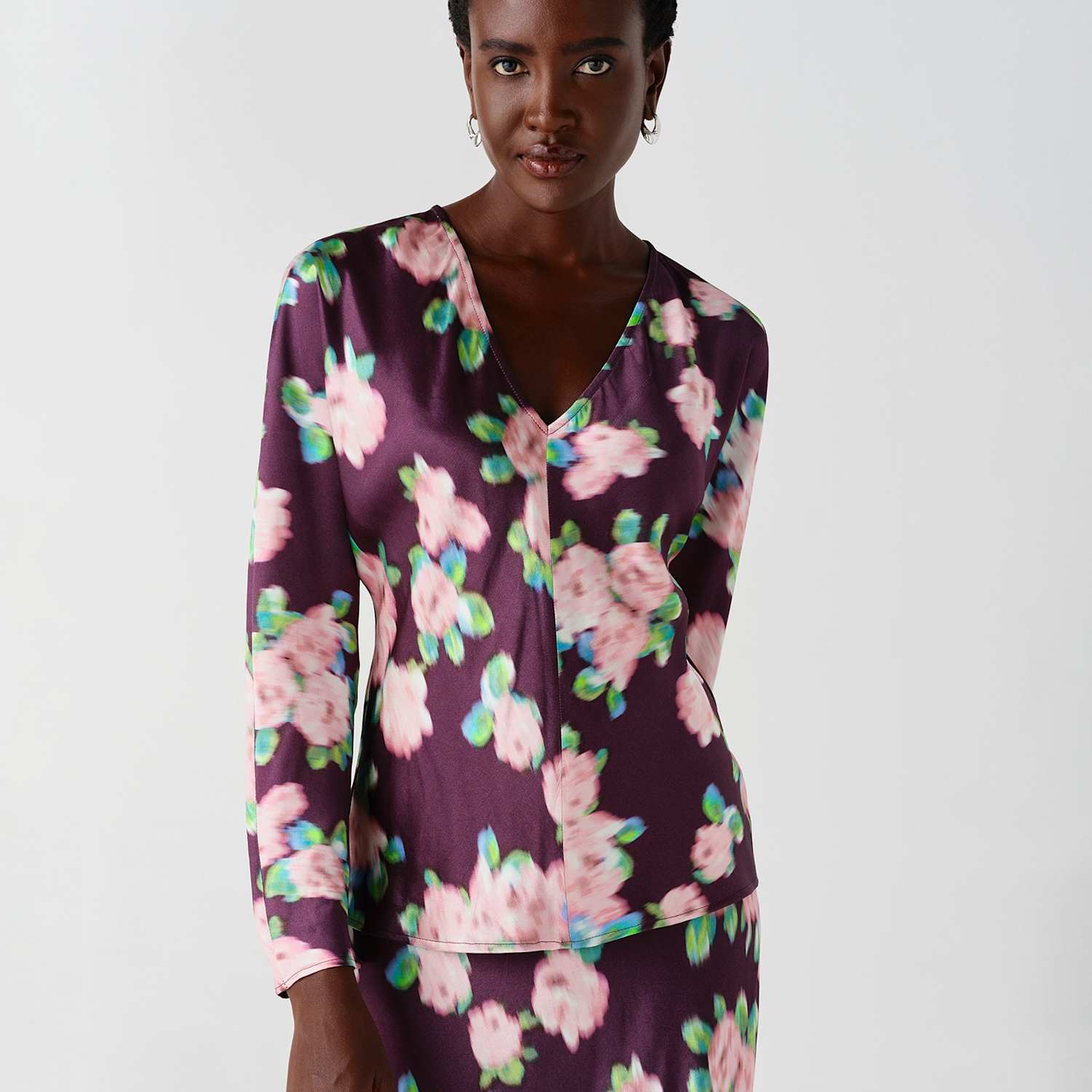 Ghost Women's Satin Floral V Neck Batwing Sleeve Top - 12 - Purple Mix - Available at M&S