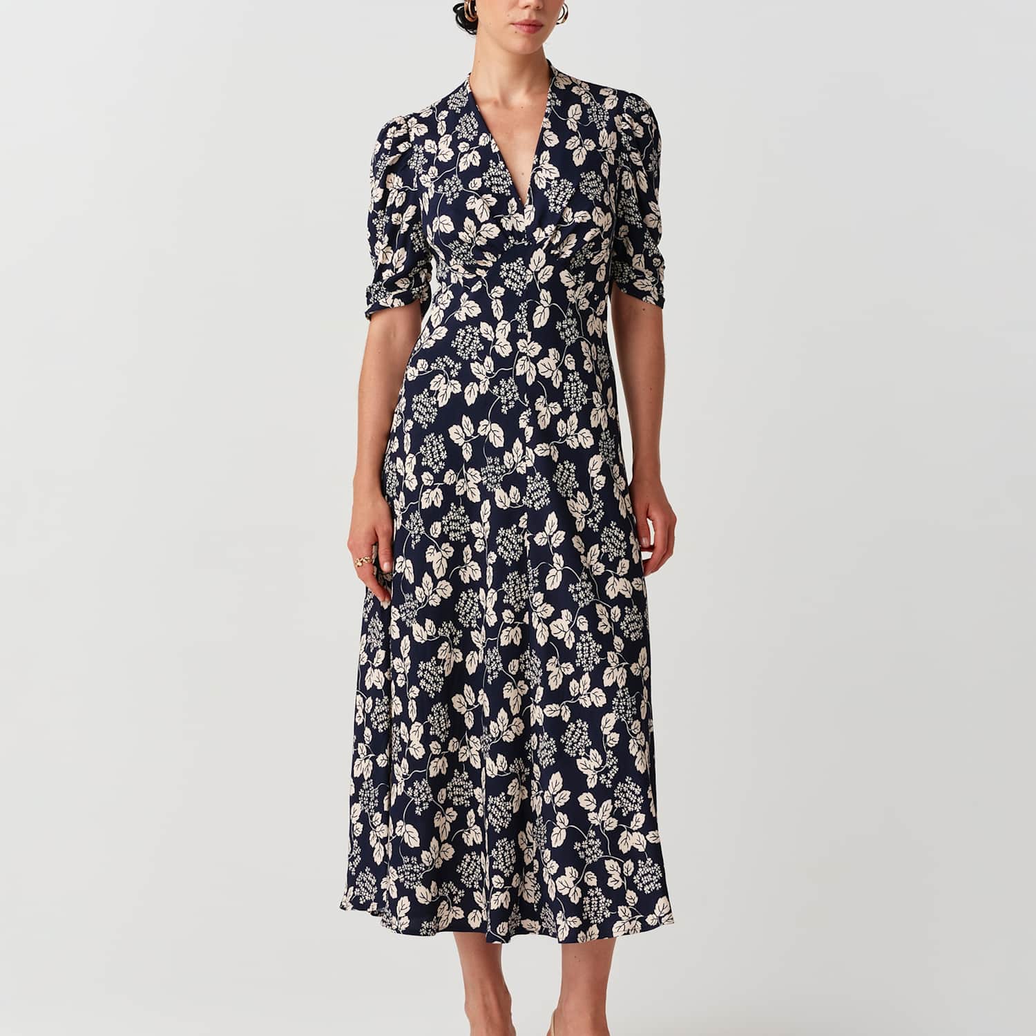 Ghost Women's Crepe Floral V Neck Puff Sleeve Tea Dress - 14 - Navy Mix - Available at M&S