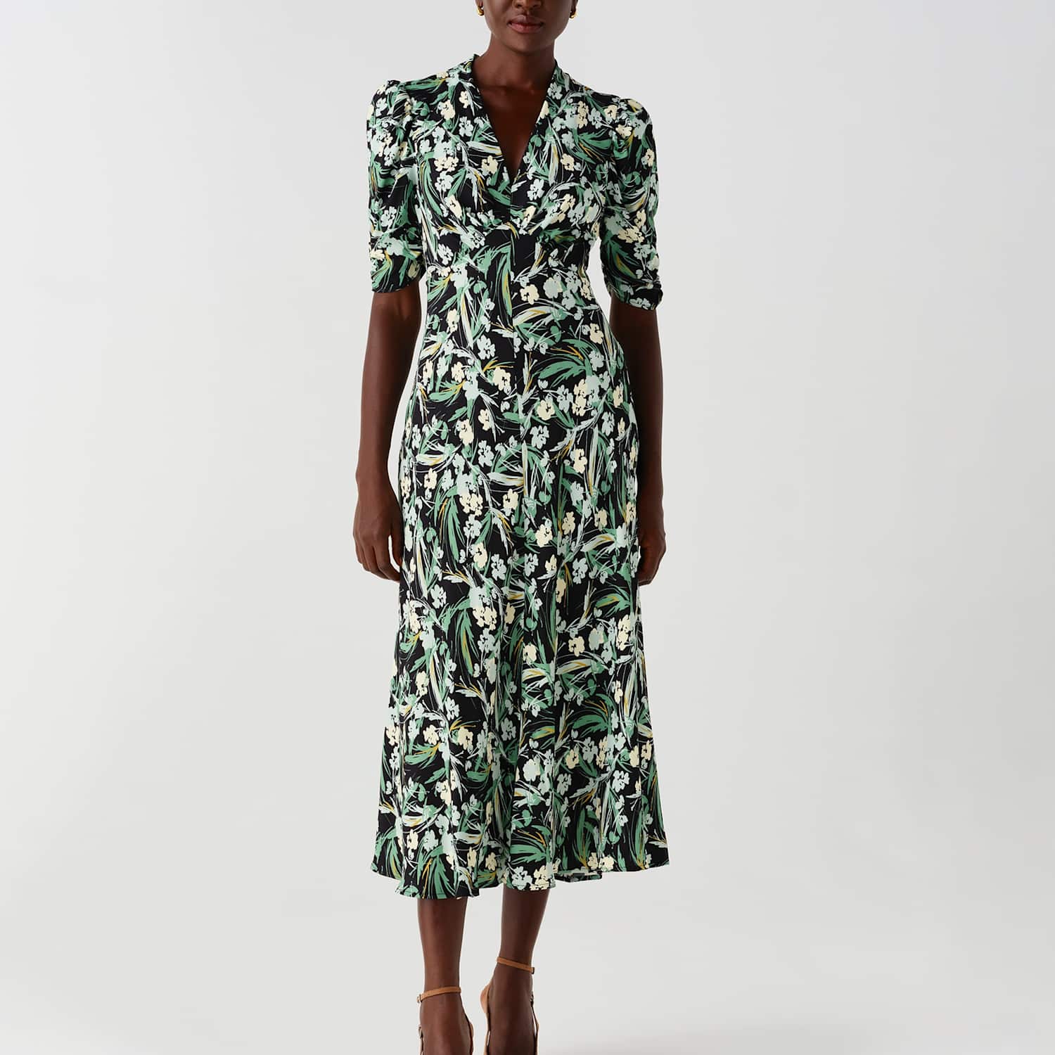 Ghost Women's Crepe Floral V Neck Puff Sleeve Tea Dress - 10 - Green Mix - Available at M&S
