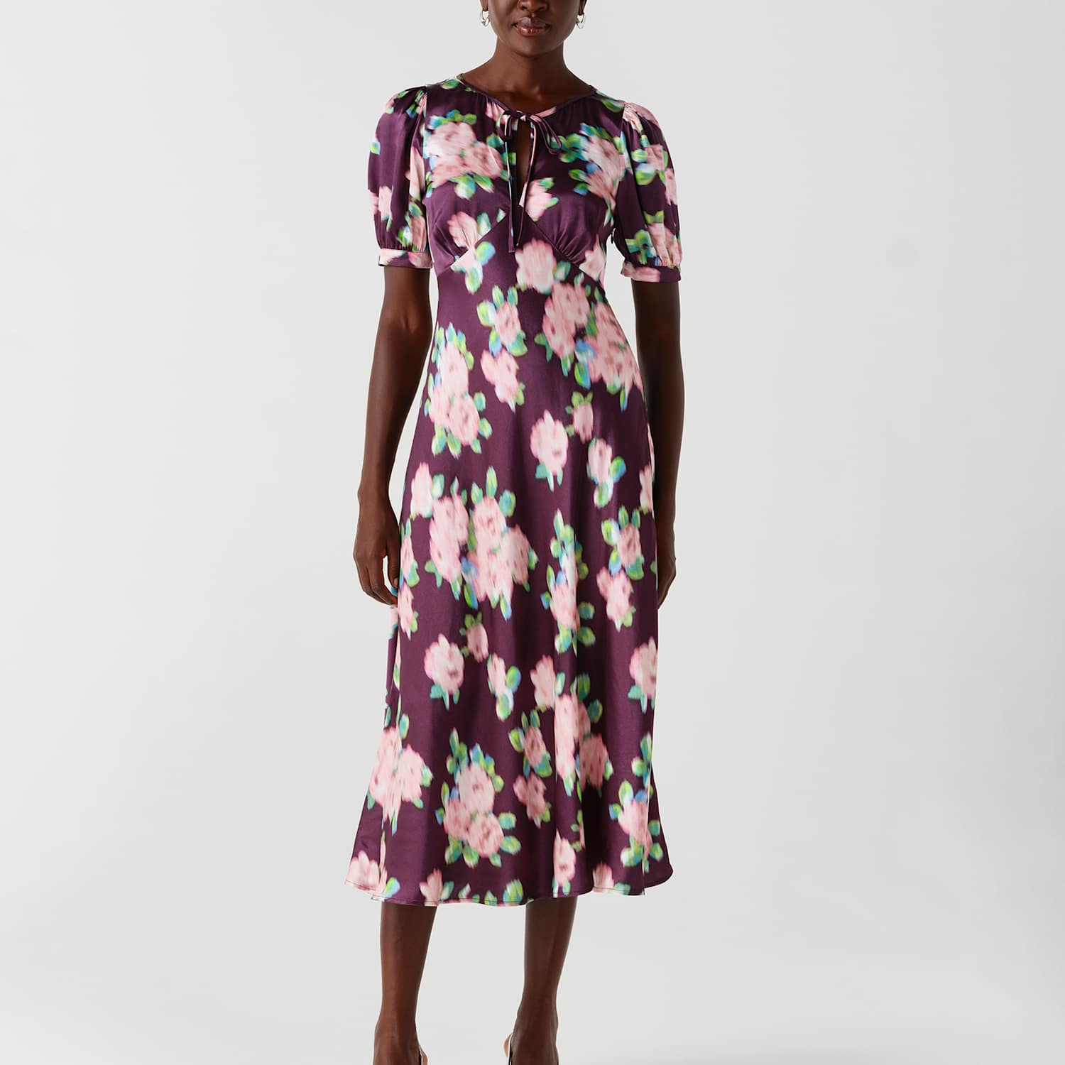 Ghost Women's Crepe Floral Puff Sleeve Midi Slip Dress - 14 - Purple Mix - Available at M&S