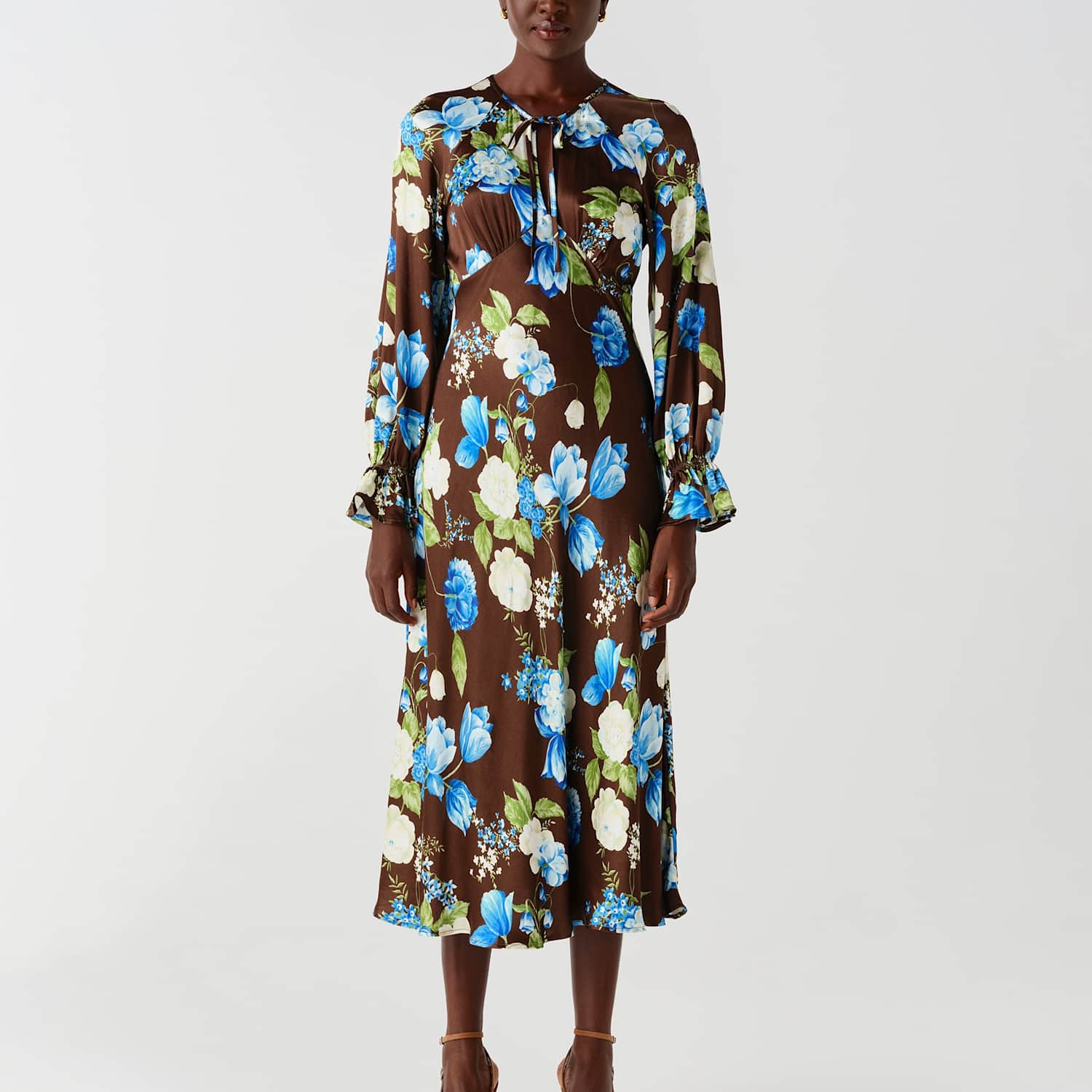 Ghost Women's Satin Floral Frill Detail Midi Waisted Dress - 14 - Brown Mix - Available at M&S