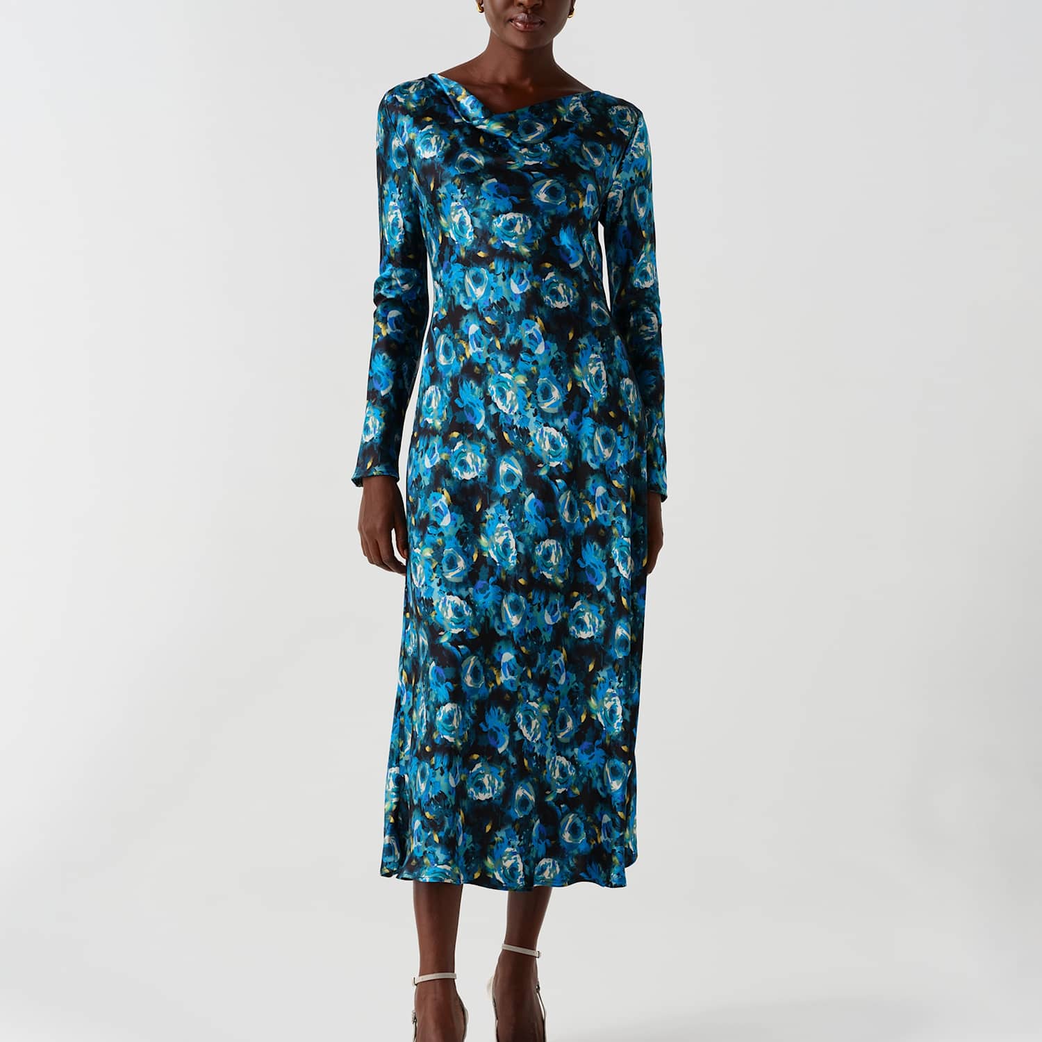 Ghost Women's Satin Floral Cowl Neck Midi Waisted Dress - 10 - Blue Mix - Available at M&S