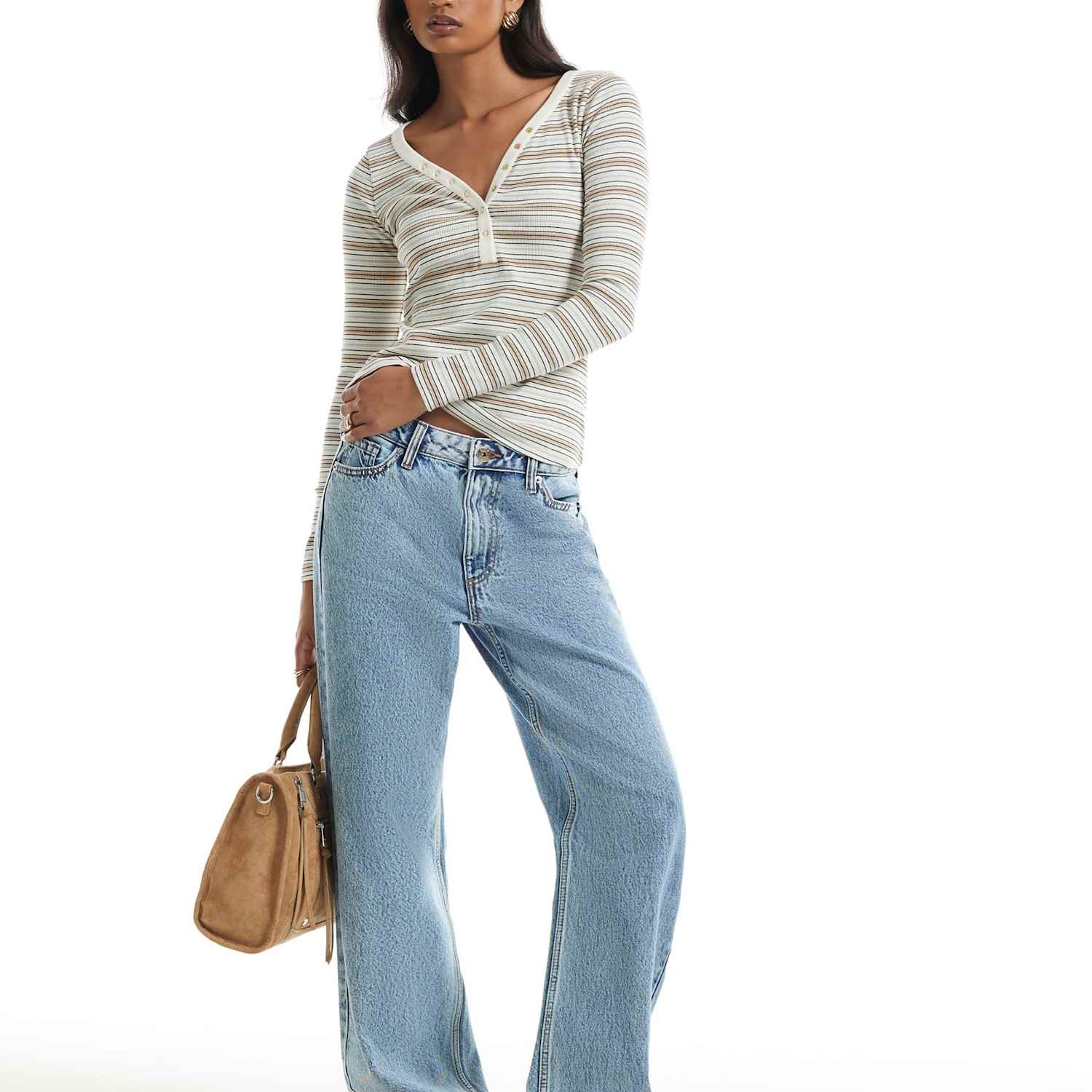 River Island Women's Striped V-Neck Henley Top - Extra Small - Beige Mix - Available at M&S