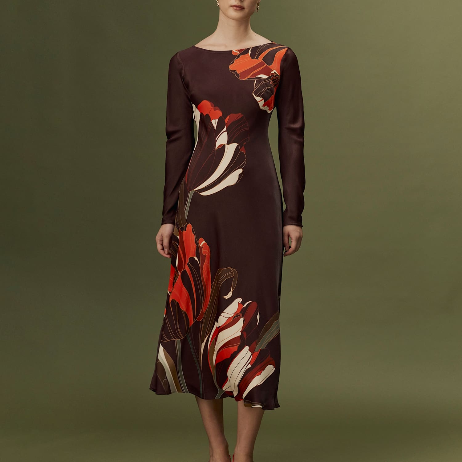 Ghost Women's Satin Crepe Floral Midi Slip Dress - 12 - Burgundy Mix - Available at M&S