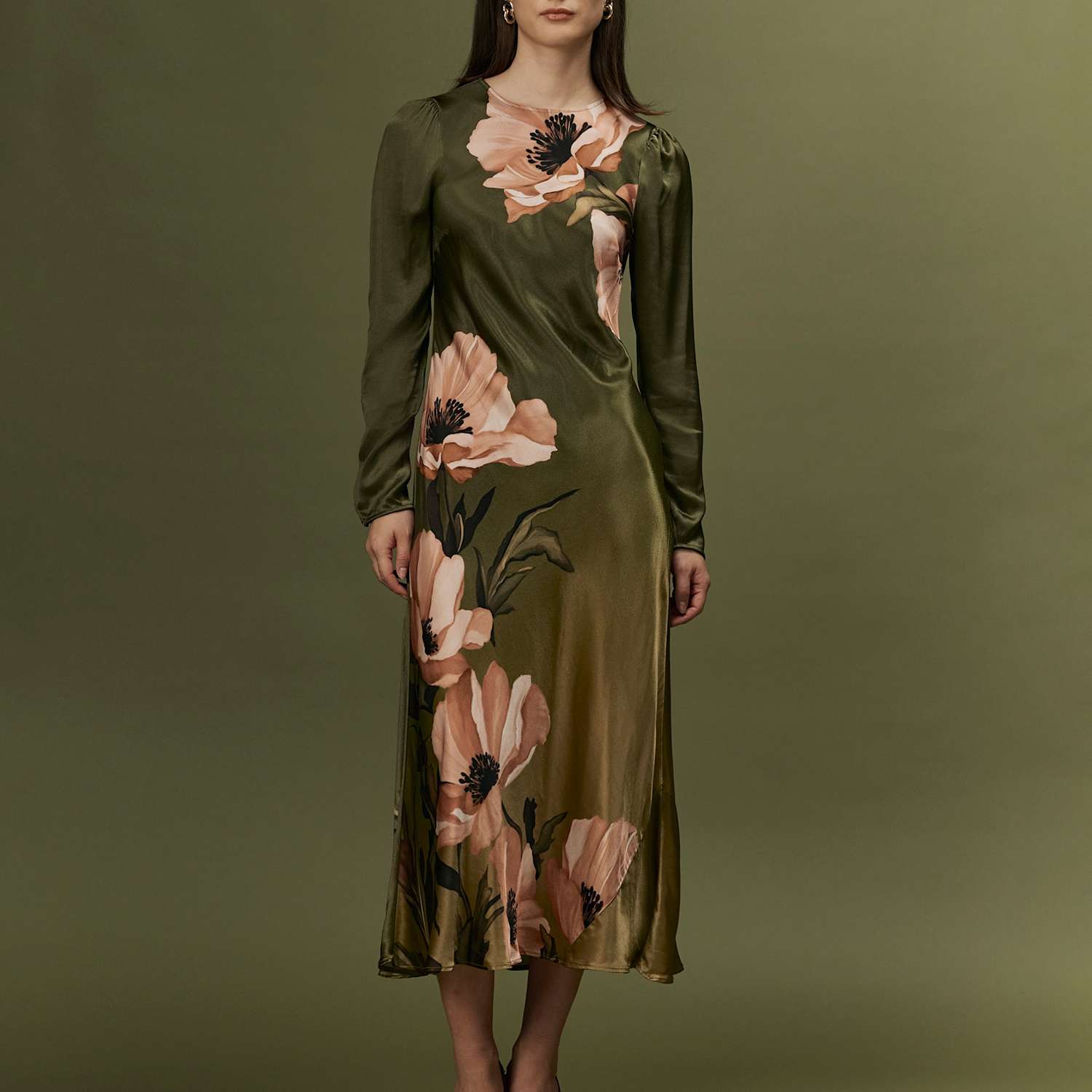 Ghost Women's Satin Floral Keyhole Midi Dress - 10 - Green Mix - Available at M&S