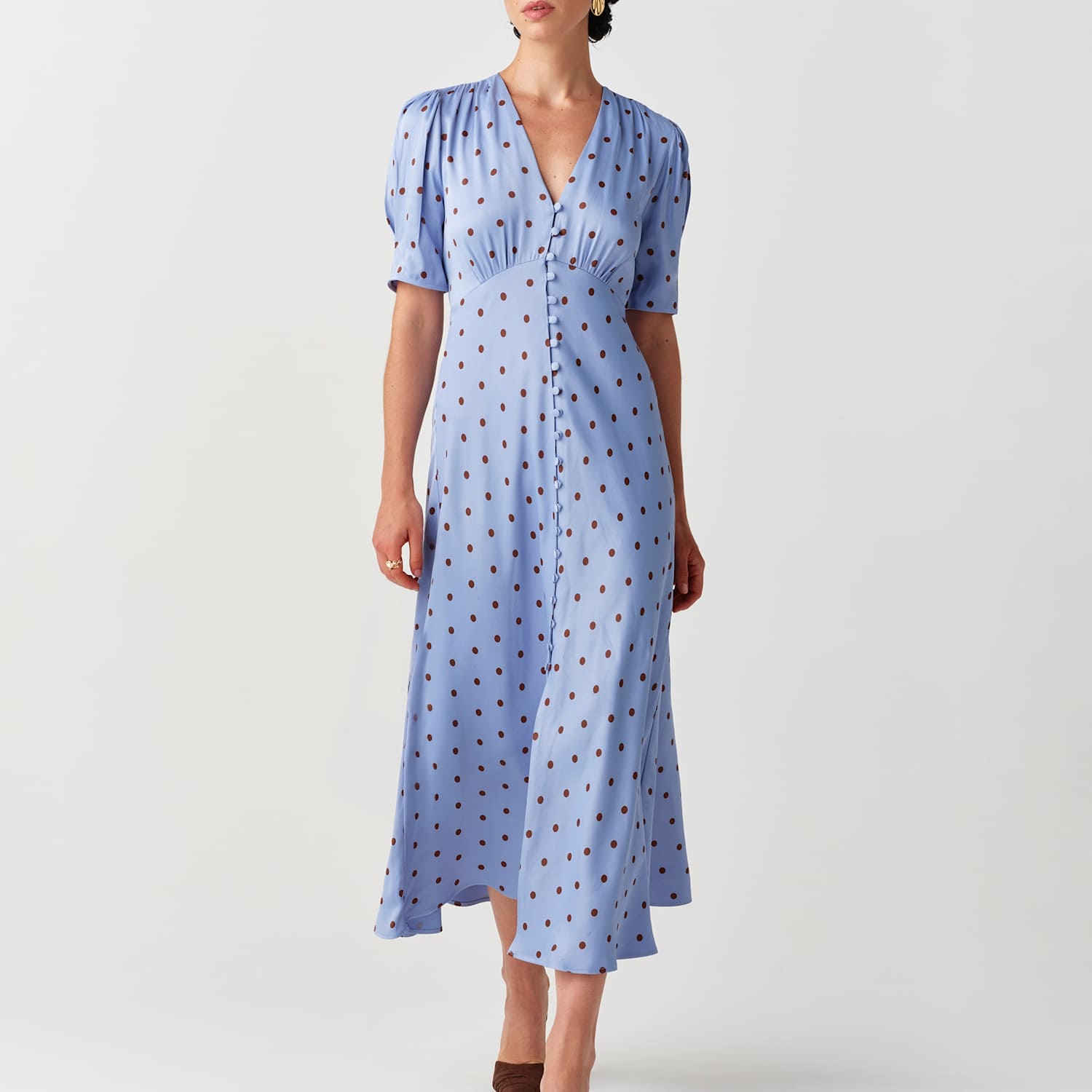 Ghost Women's Satin Crepe Polka Dot V Neck Maxi Waisted Dress - 10 - Blue Mix - Available at M&S