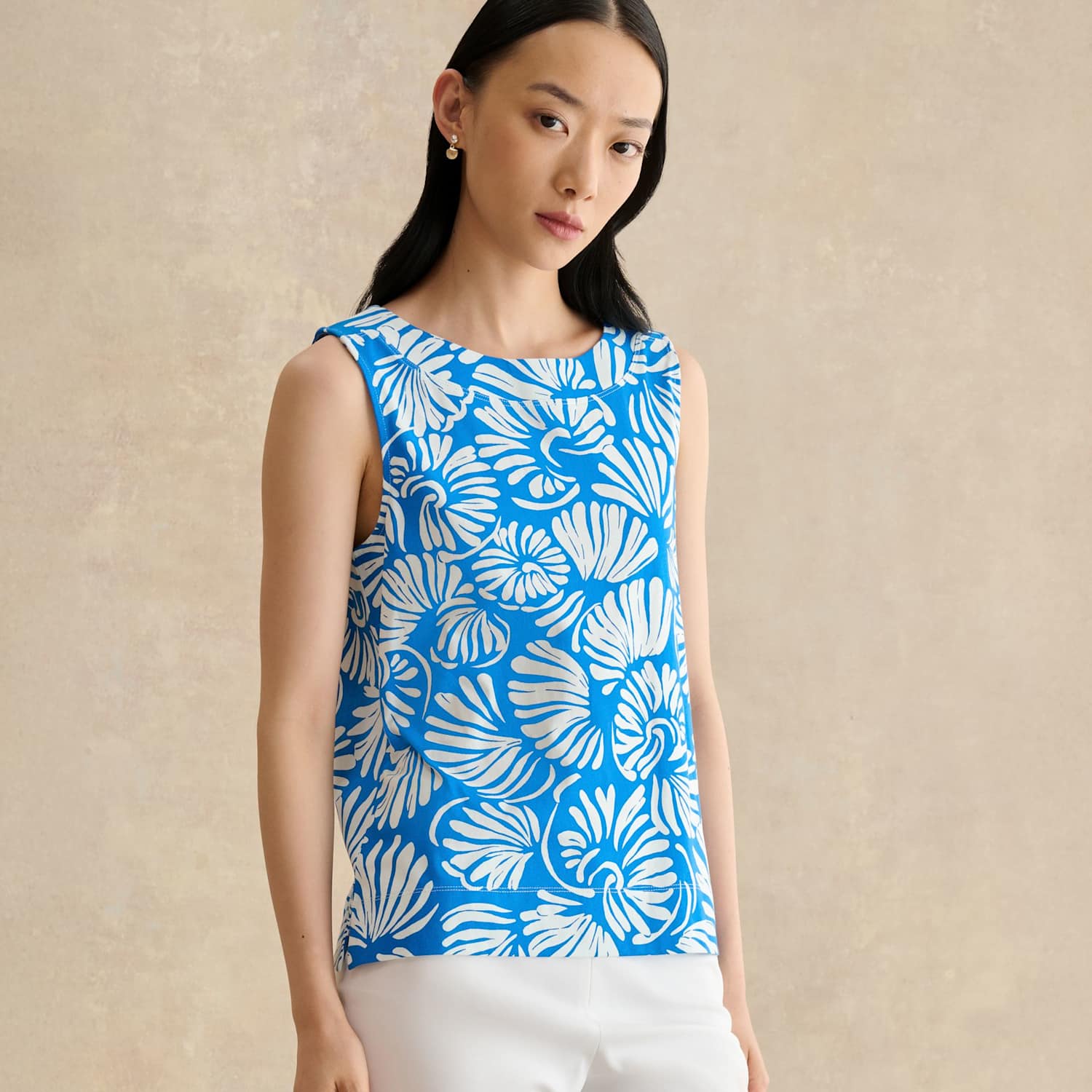 Hobbs Women's Pure Cotton Fern Print Crew Neck Top - Small - Blue Mix - Available at M&S