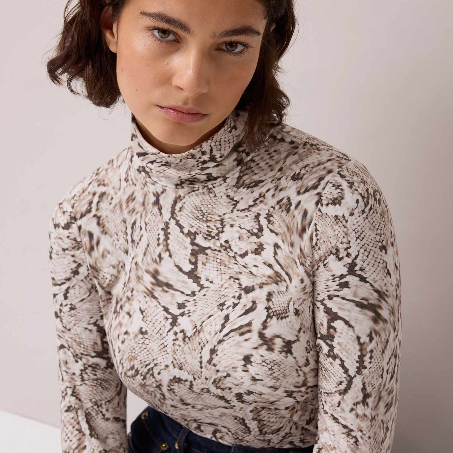 Ro&Zo Women's Snake Print Roll Neck Slim Fit Top - 8 - Natural Mix - Available at M&S