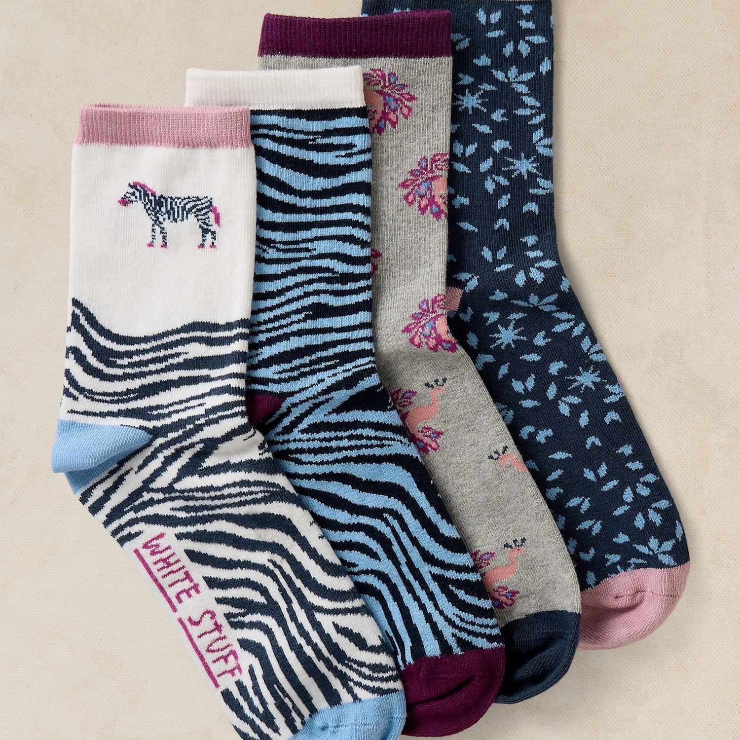 White Stuff Women's 4 Pack Thermal Cotton Rich Zebra Print Socks - 3-5 - Blue Mix - Available at M&S