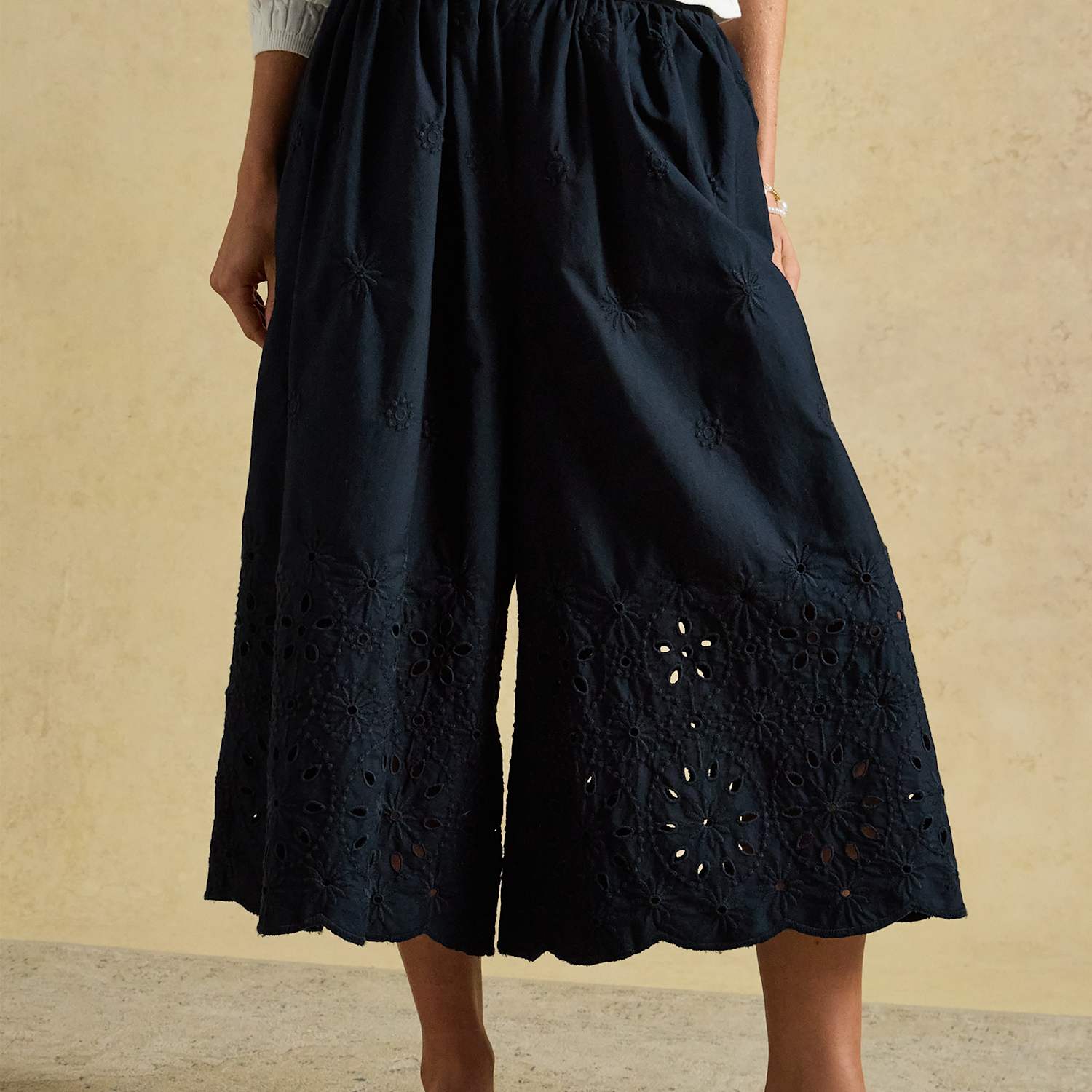 Joules Women's Pure Cotton Broderie Wide Leg Trousers - 6 - Navy - Available at M&S
