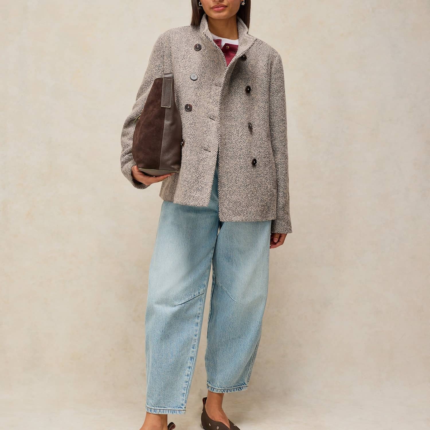 White Stuff Women's Wool Blend Textured Funnel Neck Longline Coat - 14 - Brown Mix - Available at M&S
