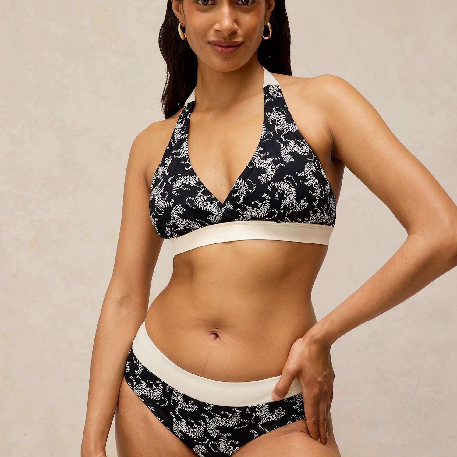 White Stuff Women's Tiger Print Halterneck Bikini Top - 16 - Black Mix - Available at M&S