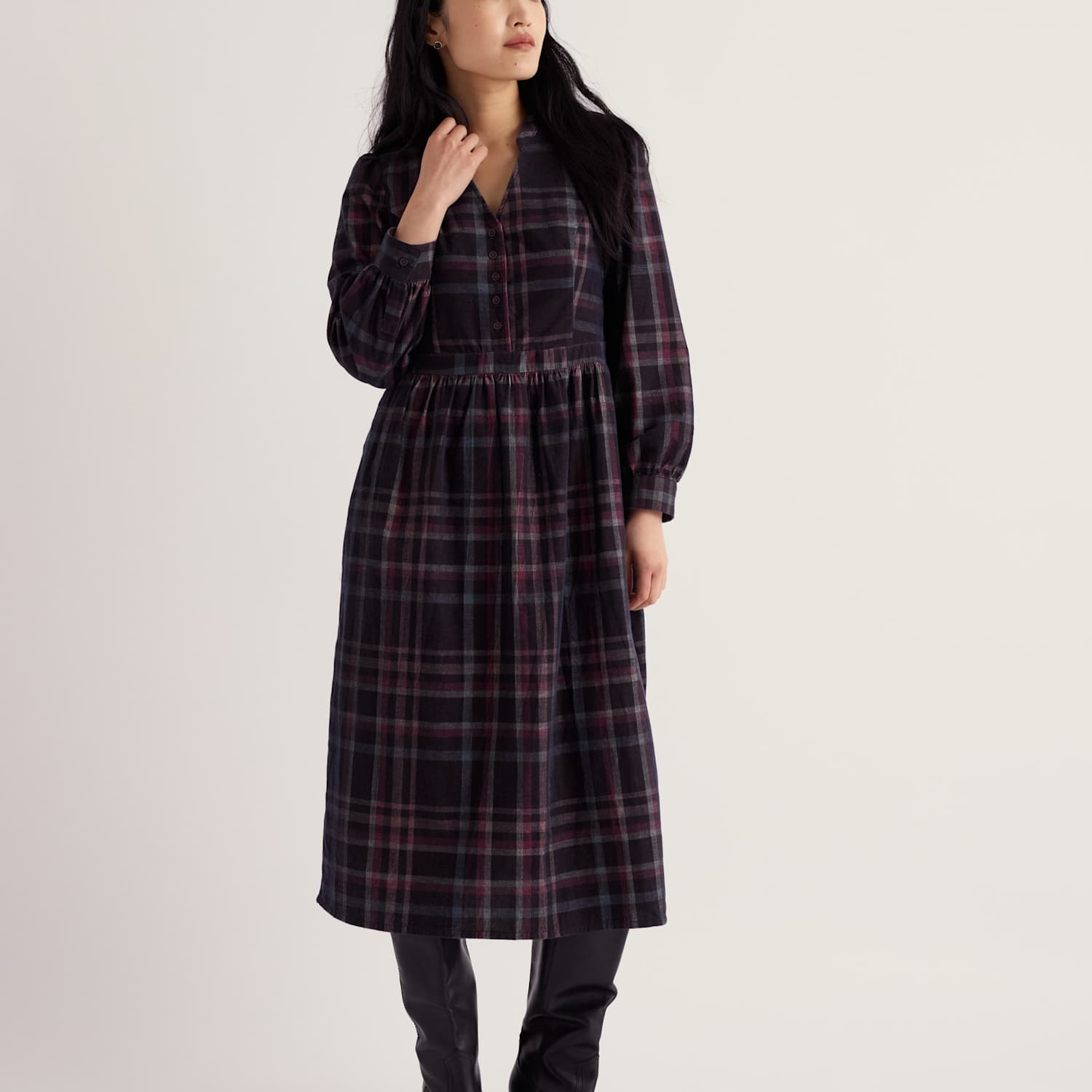 Seasalt Cornwall Women's Pure Cotton Cord Checked Midi Waisted Dress - 12 - Purple Mix - Available at M&S