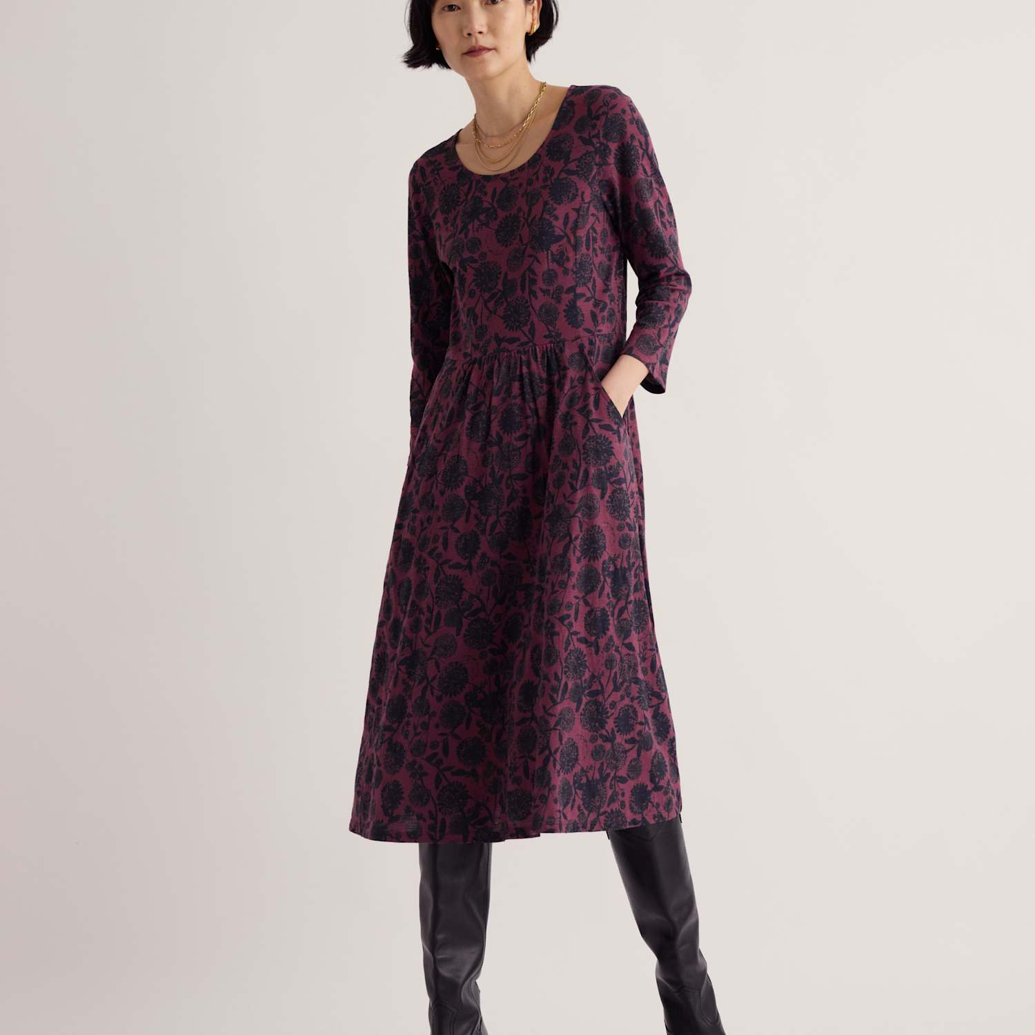 Seasalt Cornwall Women's Cotton Rich Floral Midi Waisted Dress - 10 - Purple Mix - Available at M&S