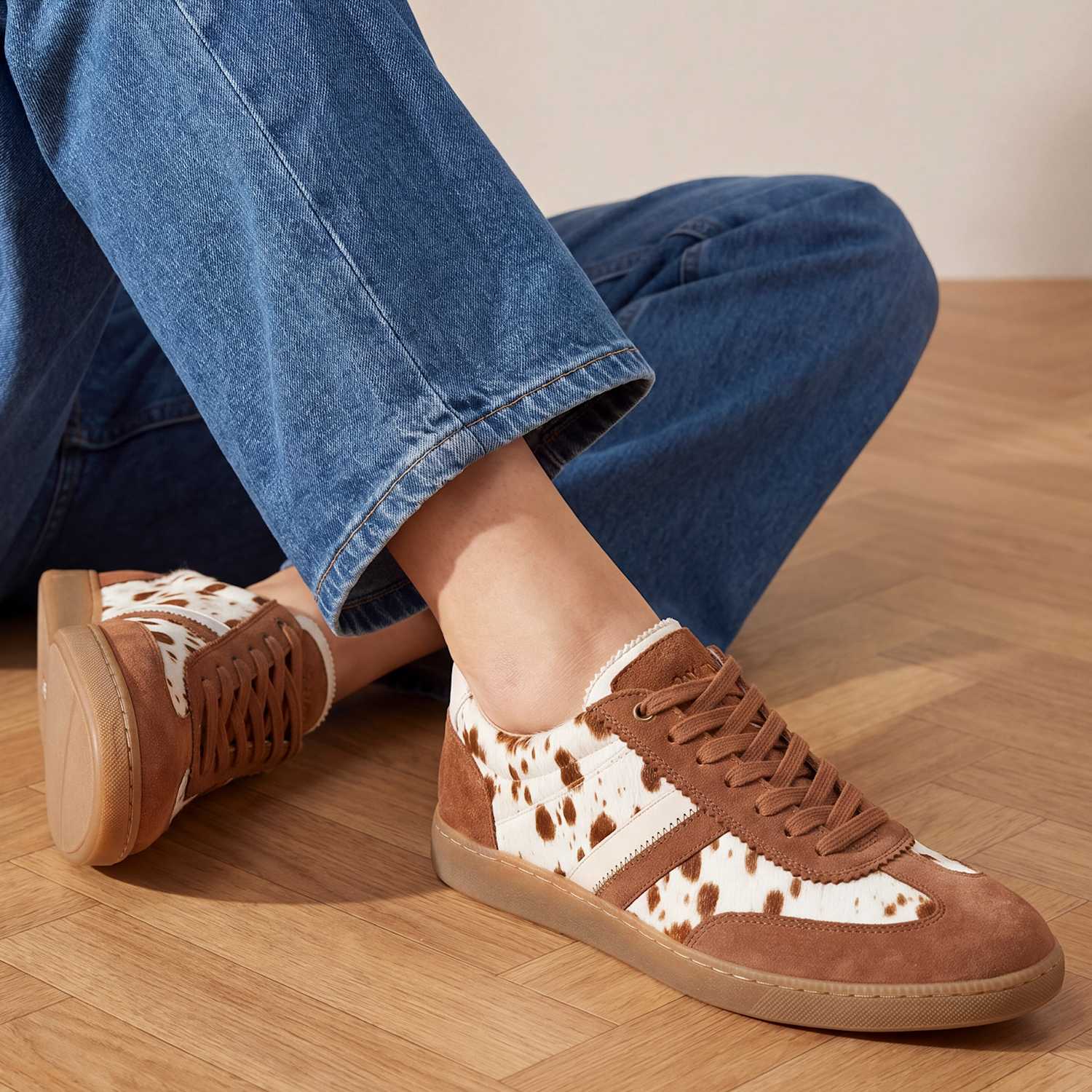 Jones Bootmaker Women's Suede Cow Print Lace Up Trainers - 4 - Multi - Available at M&S