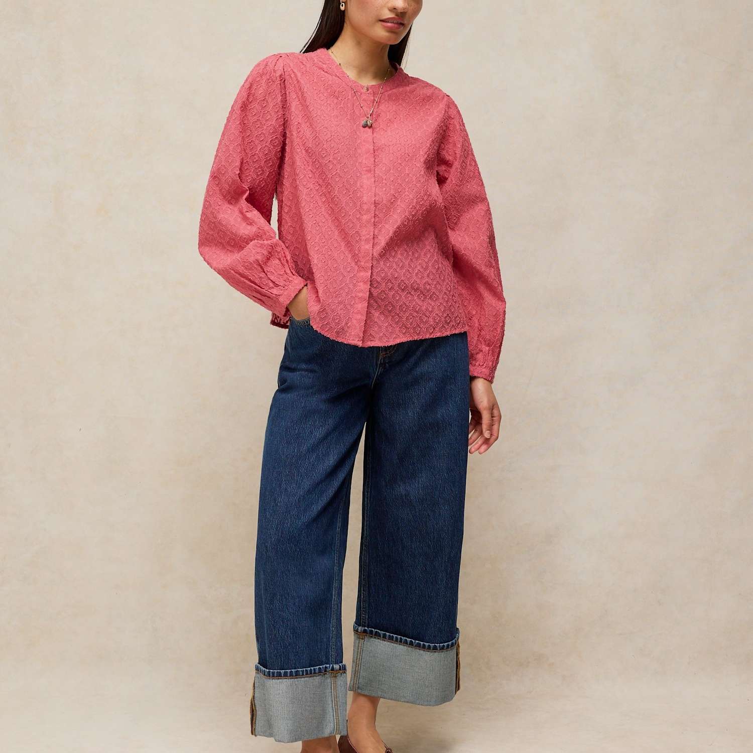 White Stuff Women's Cotton Rich Jacquard Blouson Sleeve Blouse - 6 - Pink Mix - Available at M&S