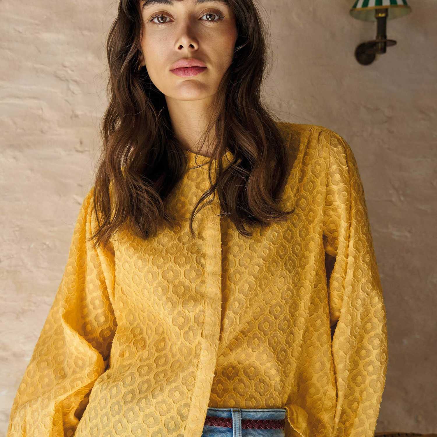 White Stuff Women's Cotton Rich Jacquard Blouson Sleeve Blouse - 16 - Yellow Mix - Available at M&S