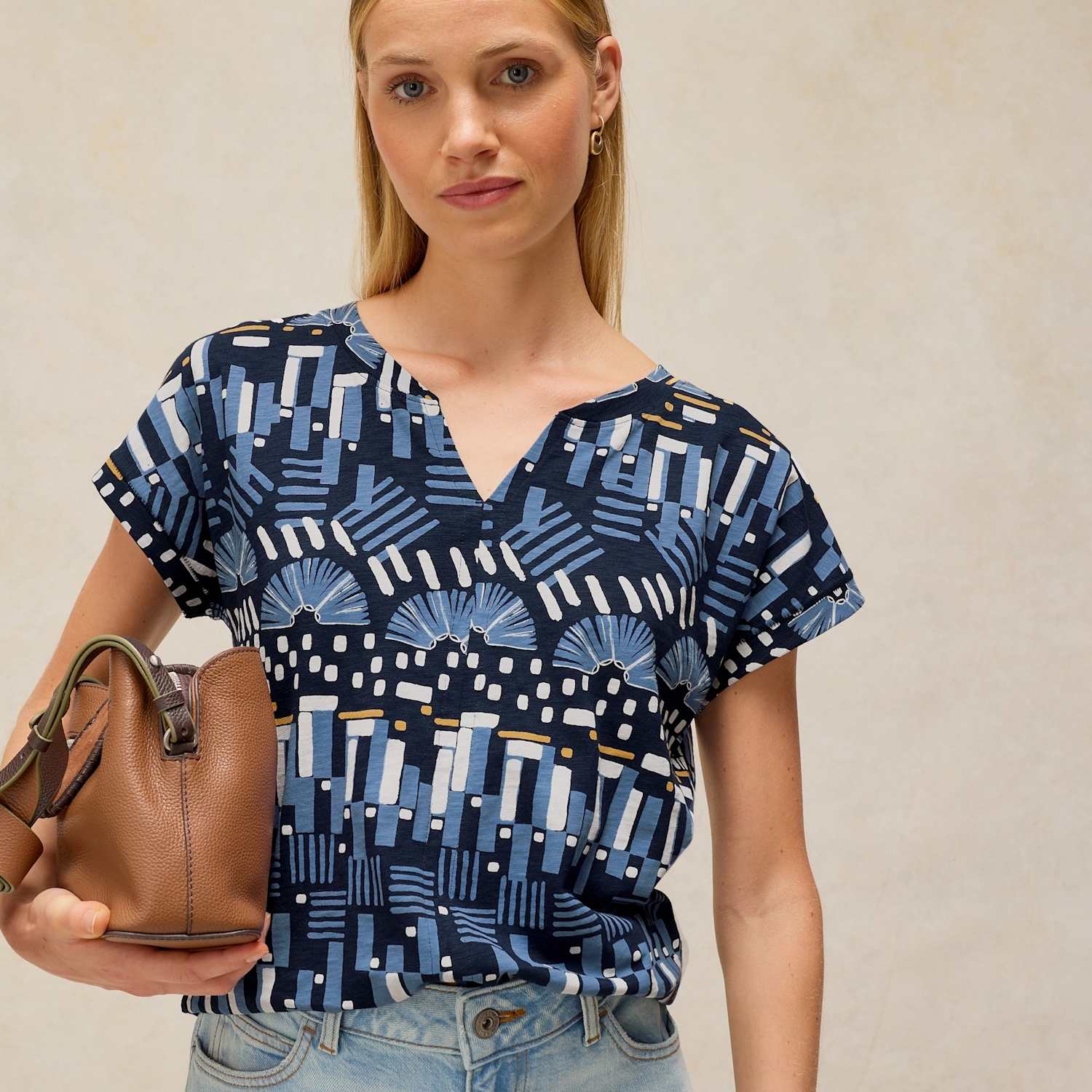 White Stuff Women's Pure Cotton Printed Notch Neck T-Shirt - 20 - Blue Mix - Available at M&S