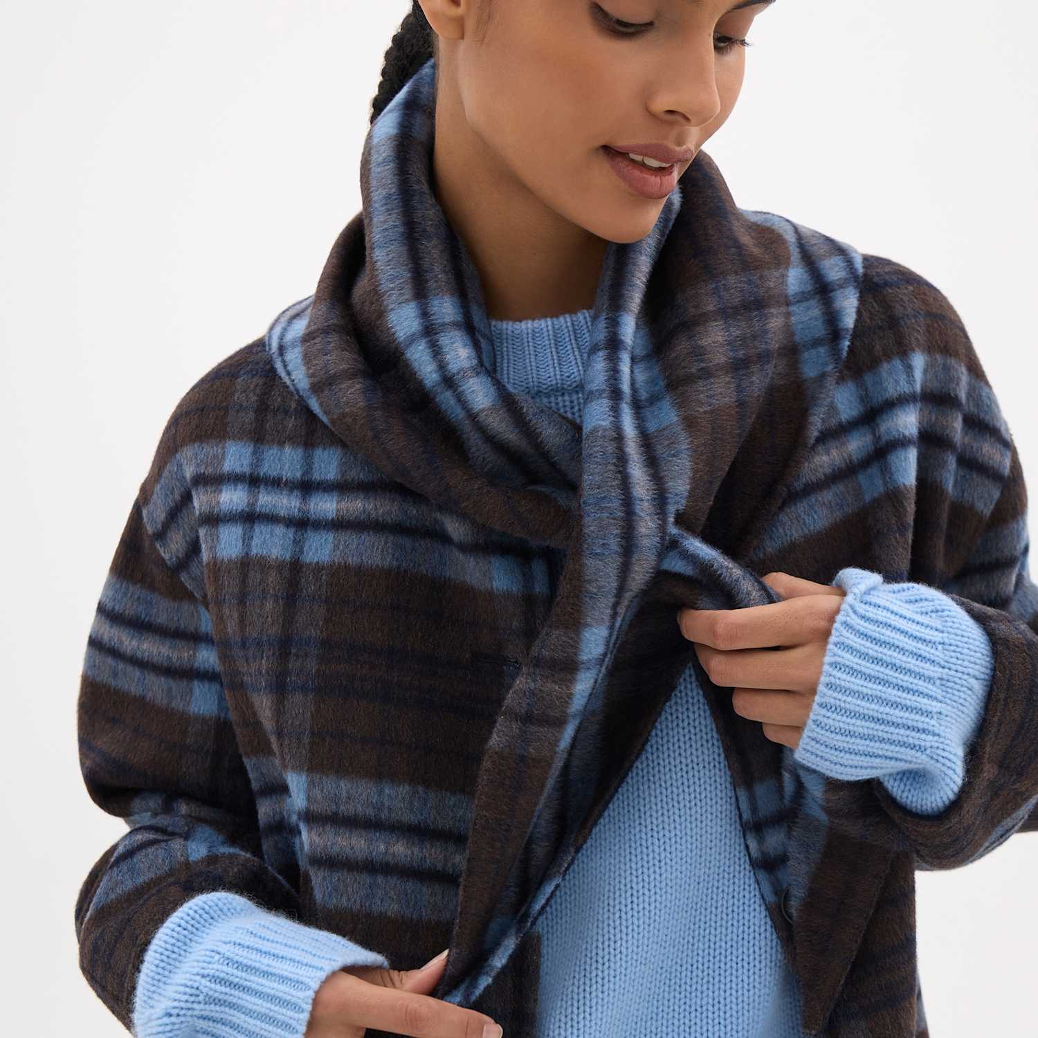 Hush Women's Checked Double Face Triangle Scarf with Wool - Brown Mix - Available at M&S